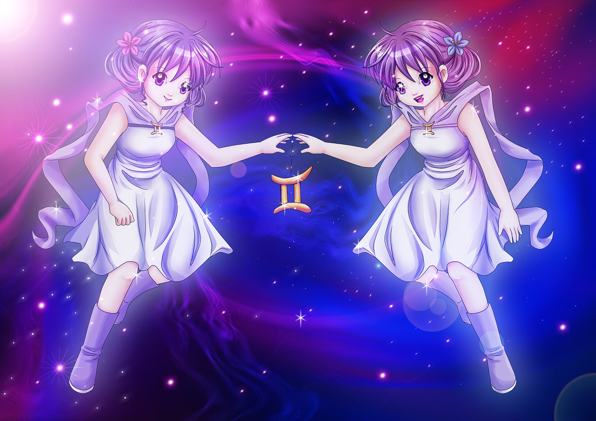 在宇宙背景上的漫画风格的双子座插画双子座