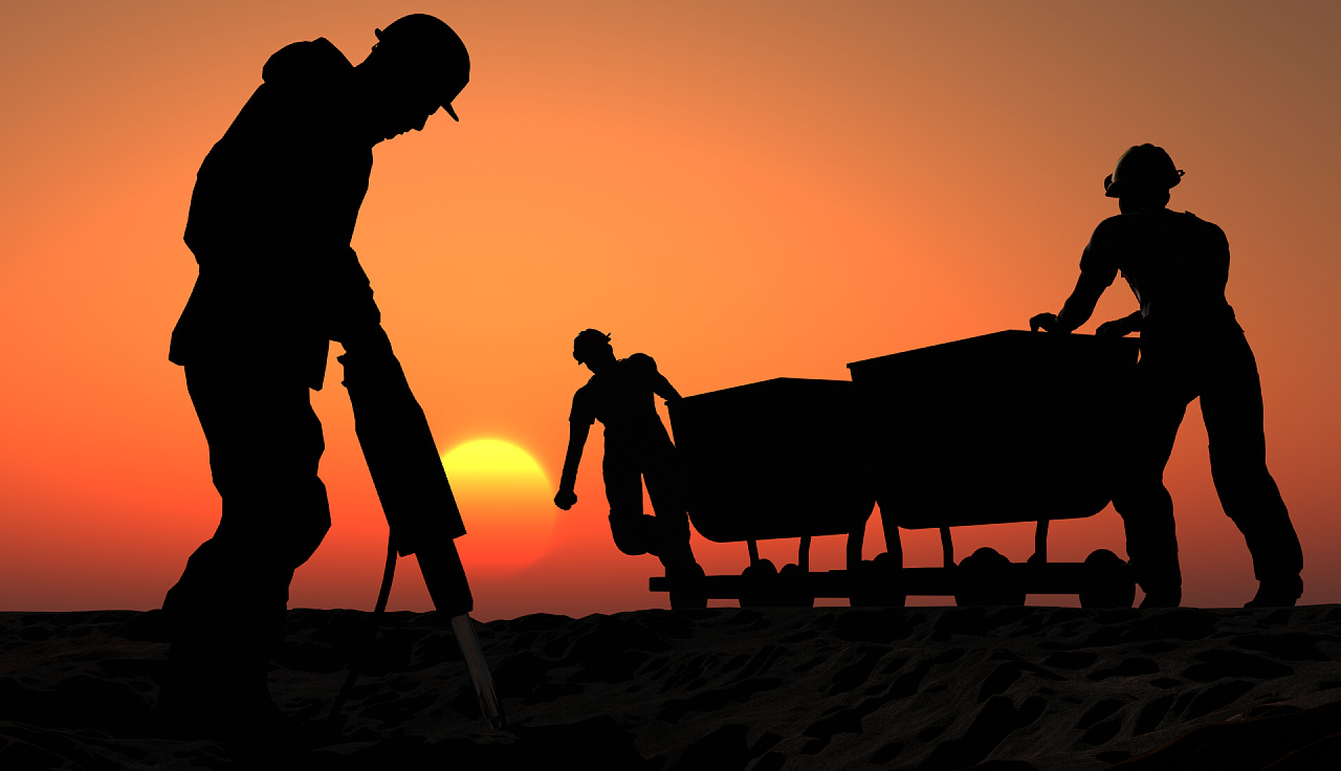 日落时分矿工工作的剪影采矿工人.