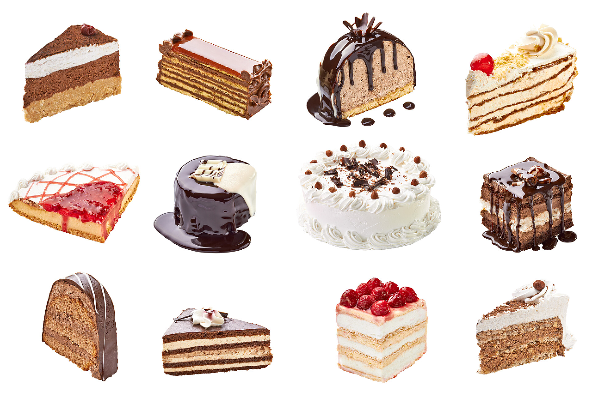 在白色背景上的各种蛋糕奶油巧克力水果蛋糕甜的食物甜点