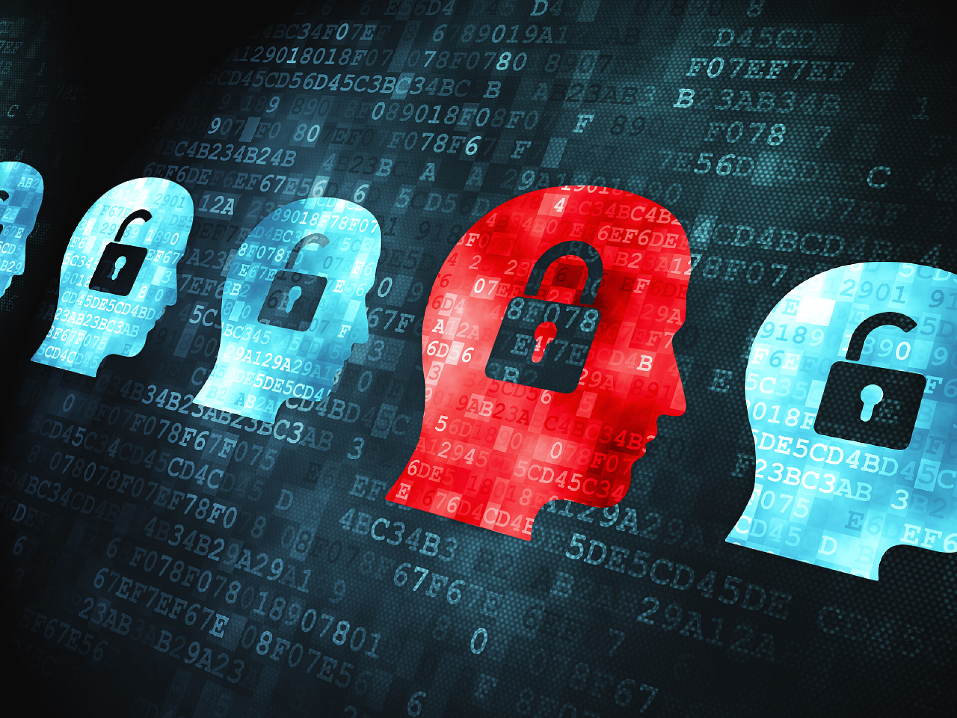 数字背景上带有安全锁图标的蓝色头像和红色头像安全概念: 数字背景头上来挂锁