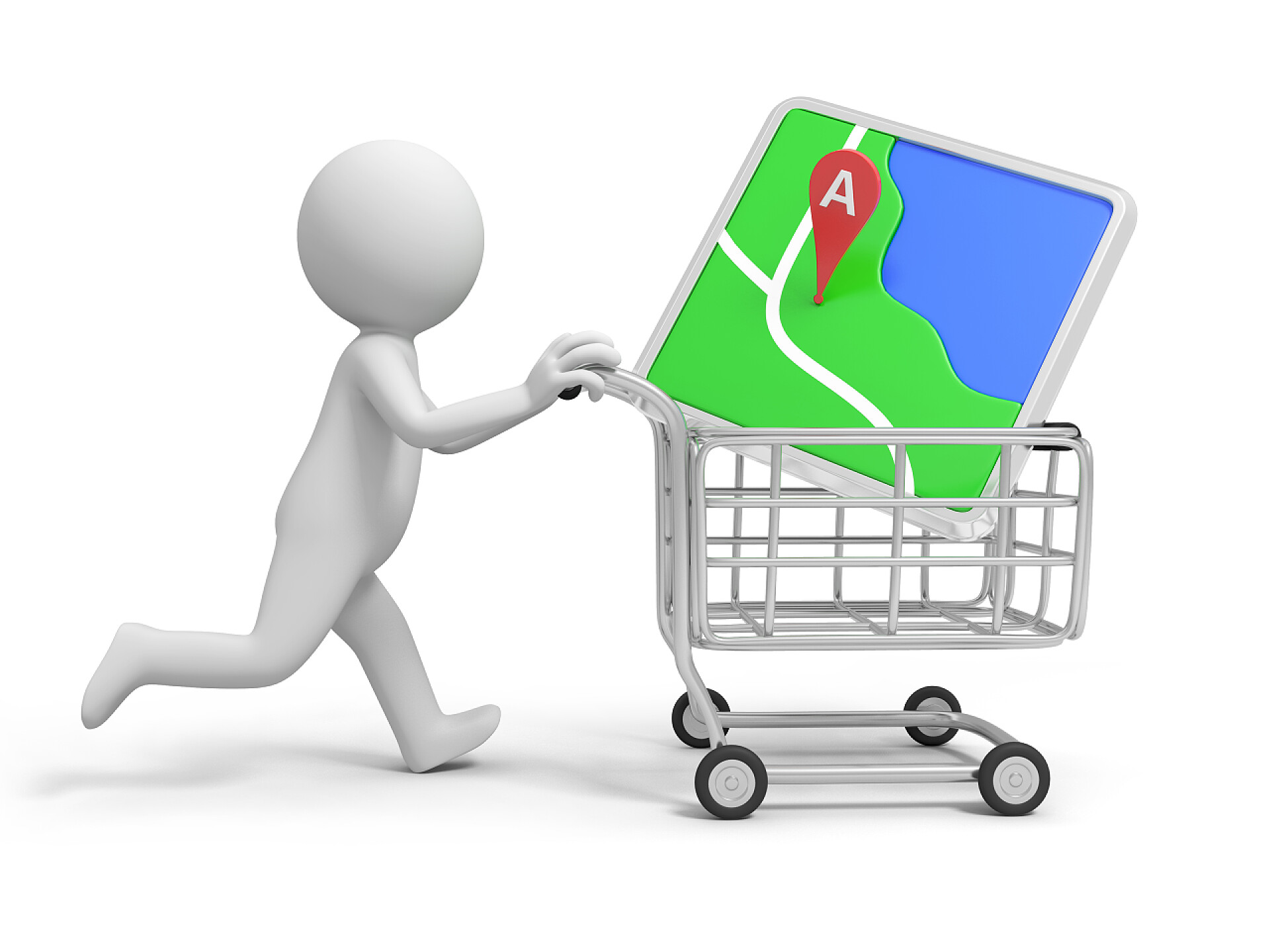 3d小人在推放着导航器的购物车导航