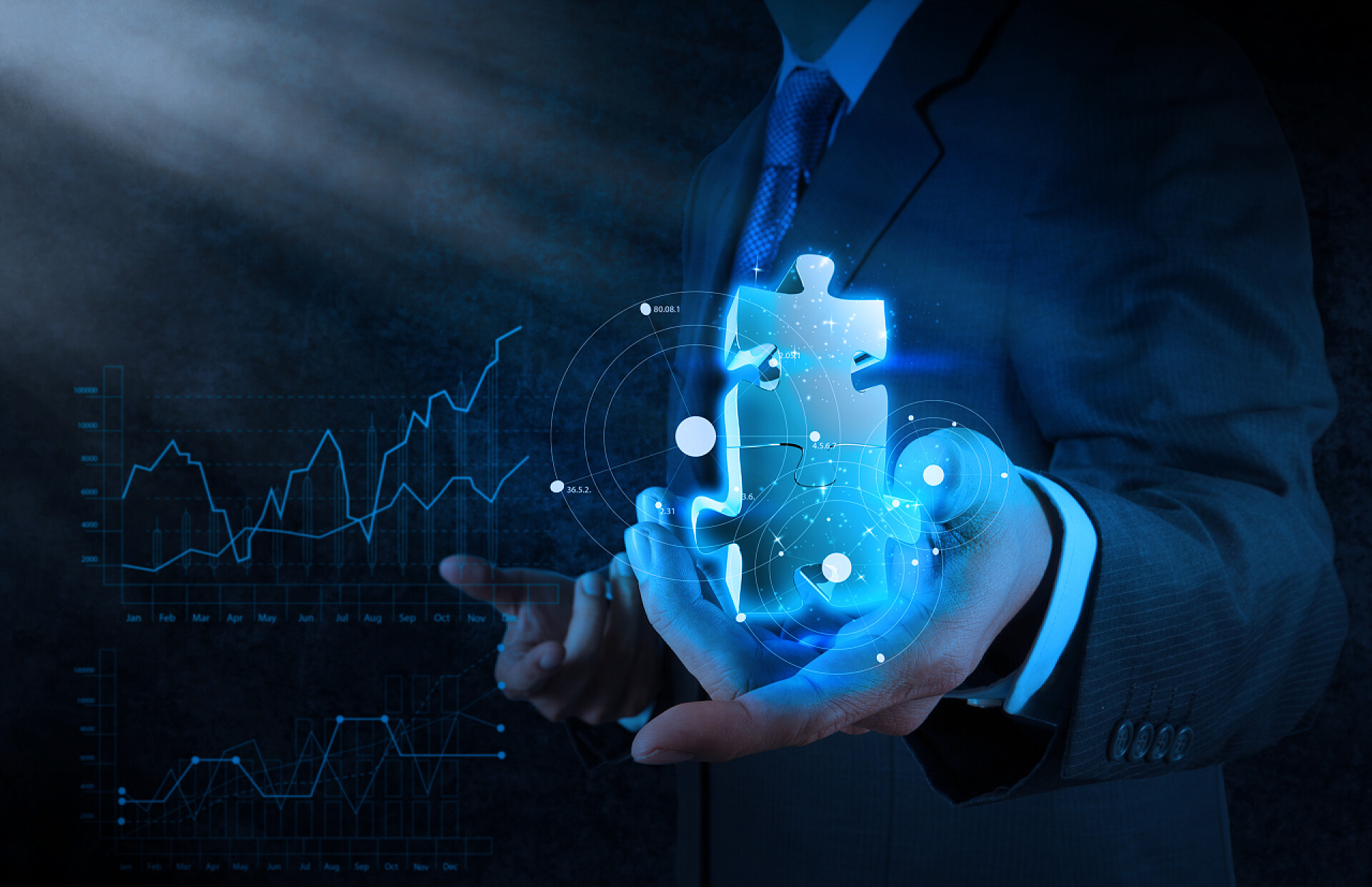 商人手上的蓝色拼图商人手迹象的伙伴关系