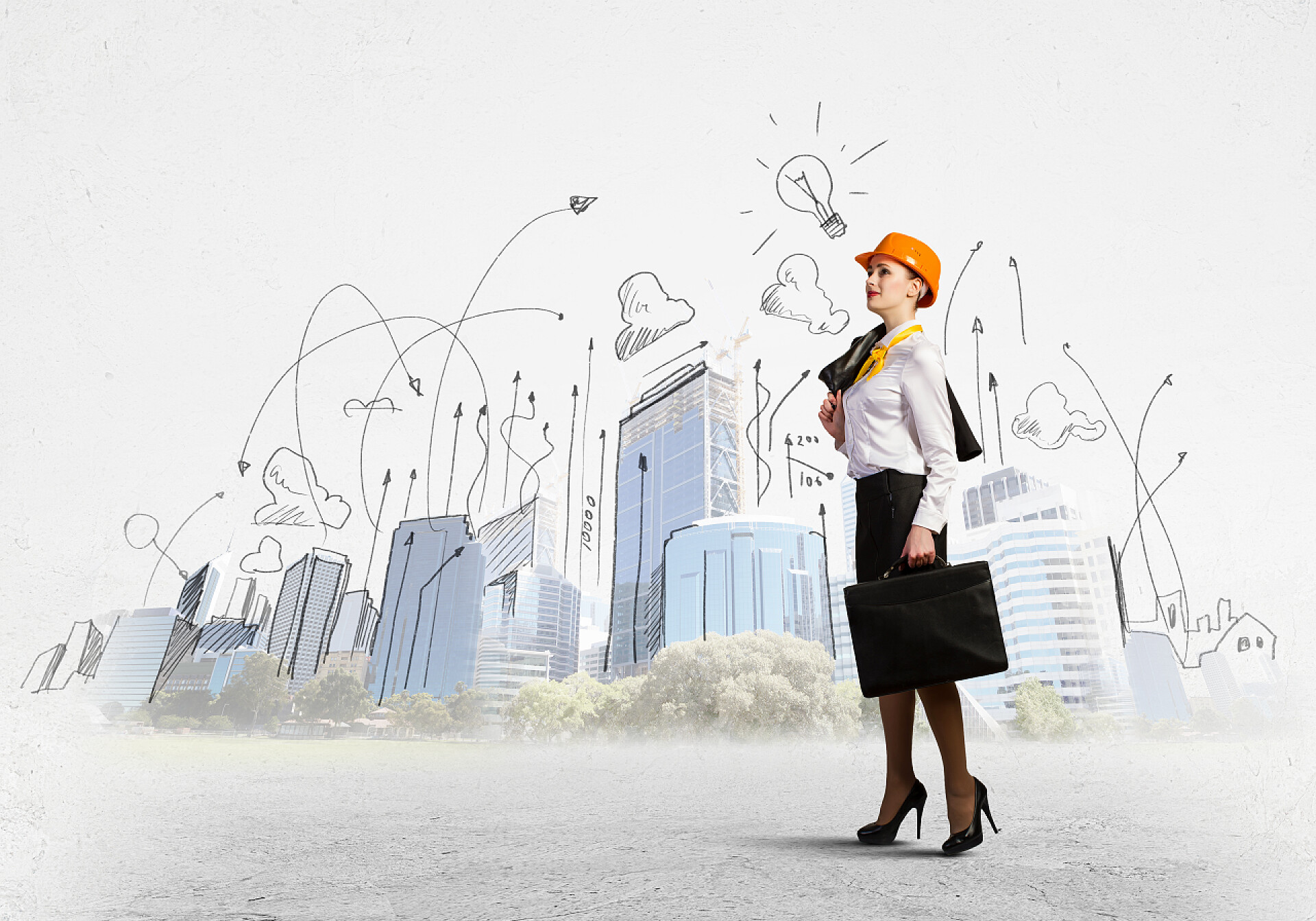 图纸背景上手拿公文包的女商人女工程师