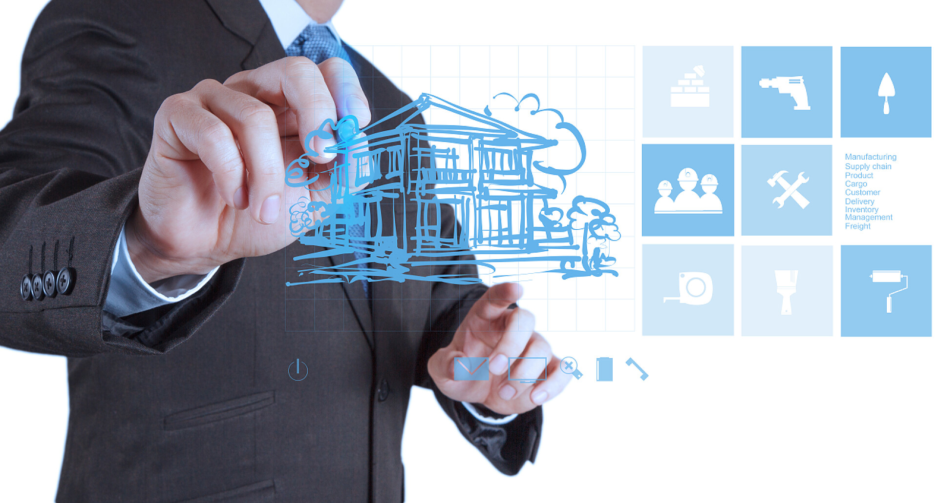 白色背景下一名男性商人手绘房子图案商人手绘图房子与现代计算机接口