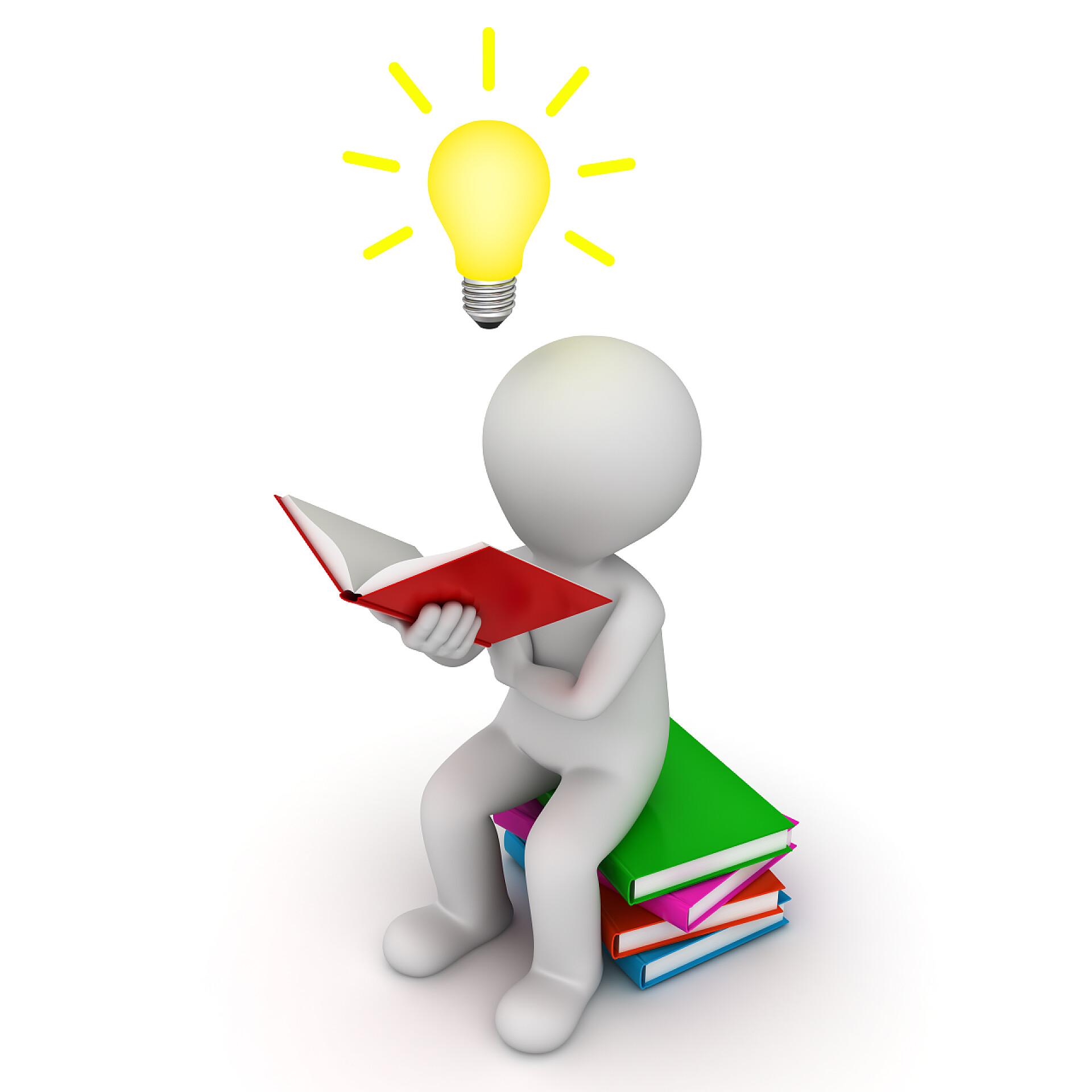在白色的背景3d人坐在书籍上找出答案3d 人坐在白读的主意灯泡的书