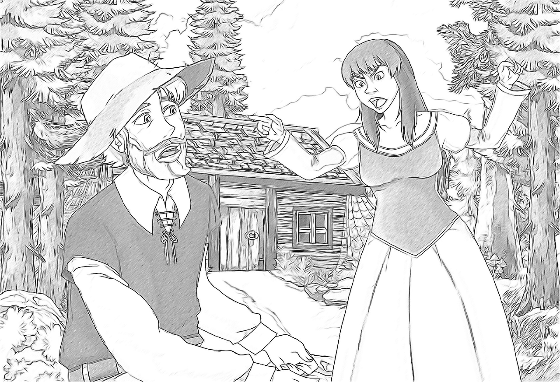 童话绘本素描素描的彩页，"金鱼"— — 为儿童插画