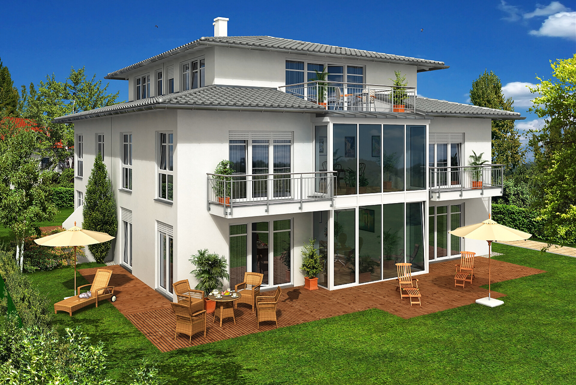 在明亮的天空下白人家庭的二层别墅白宫