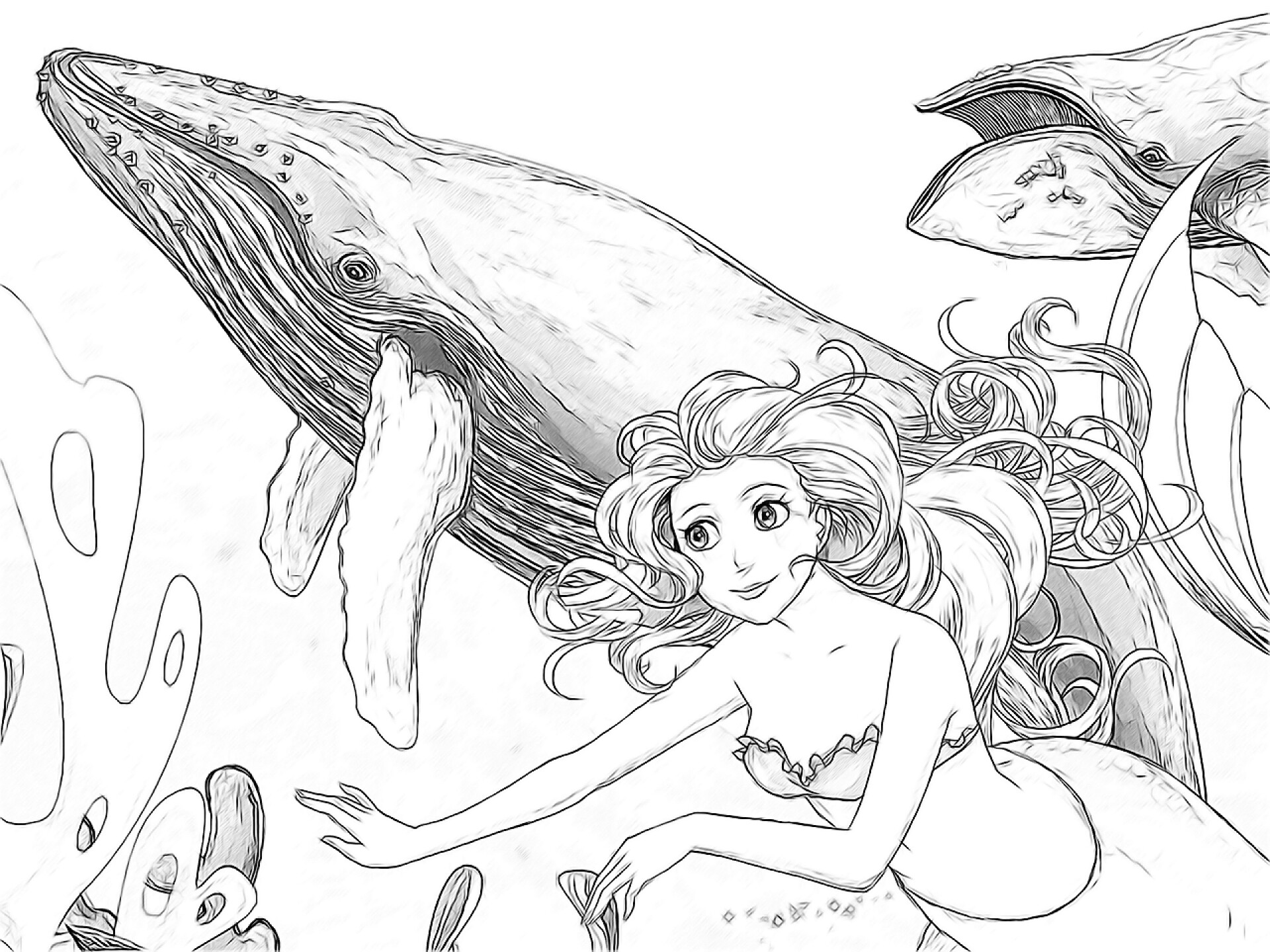 在鲸鱼的背景下漂亮的美人鱼游过