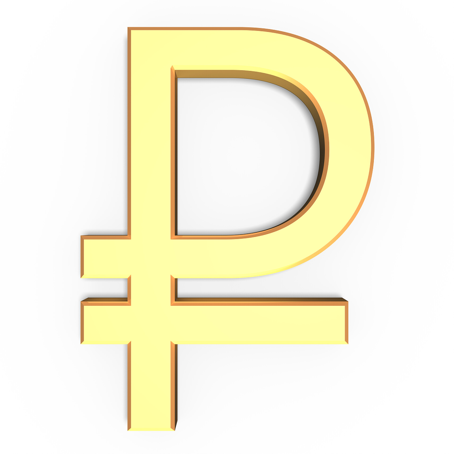 白色背景上的卢布符号孤立 3d 金黄卢布标志