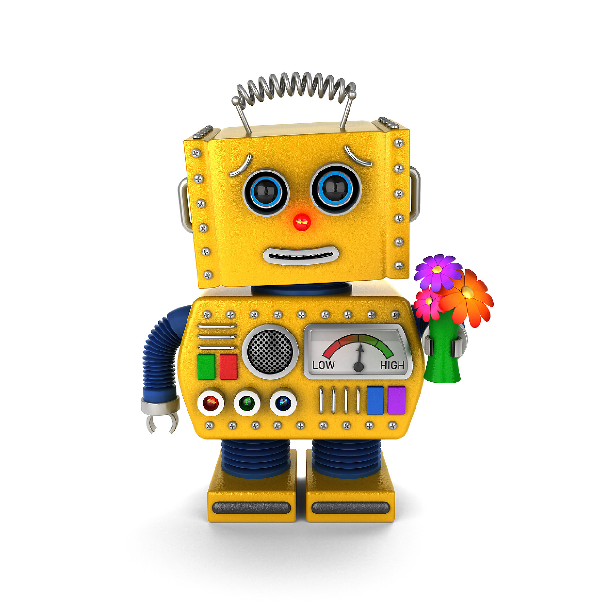 白色背景上手拿鲜花的机器人可爱的复古机器人发送一个好愿望