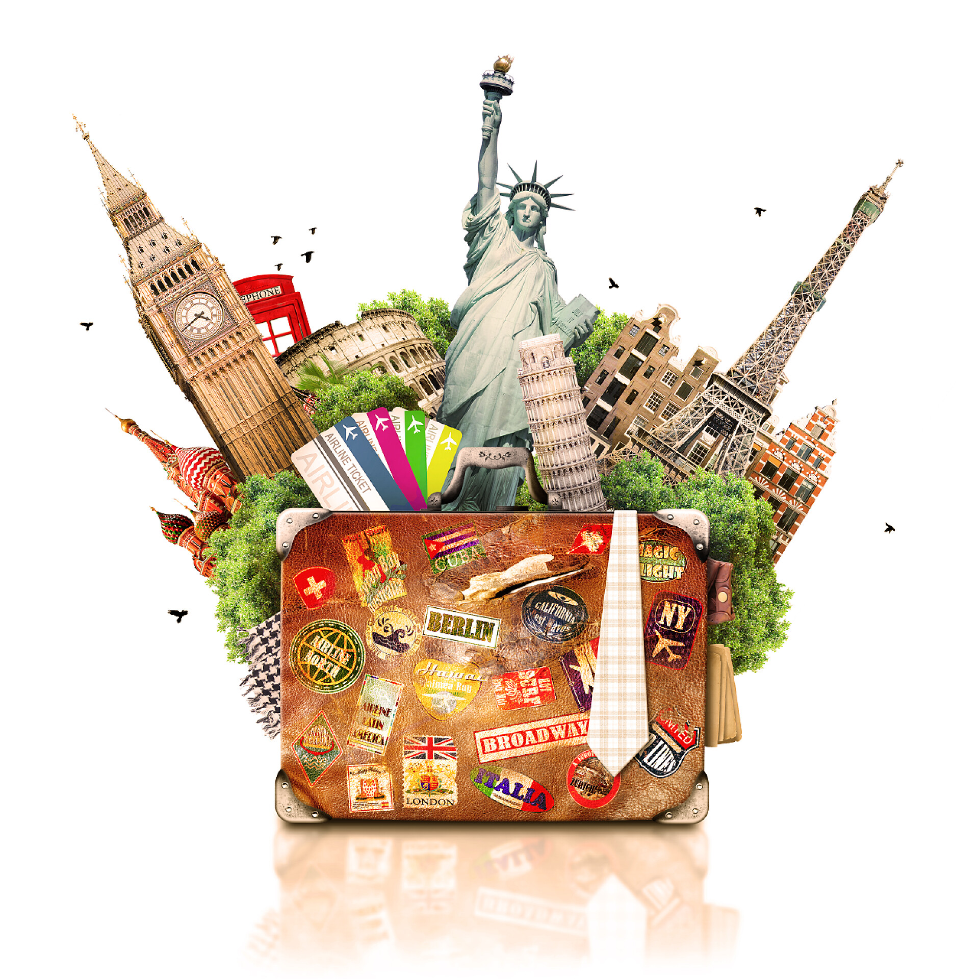 白色的背景上打开旧手提箱里著名景点旅行