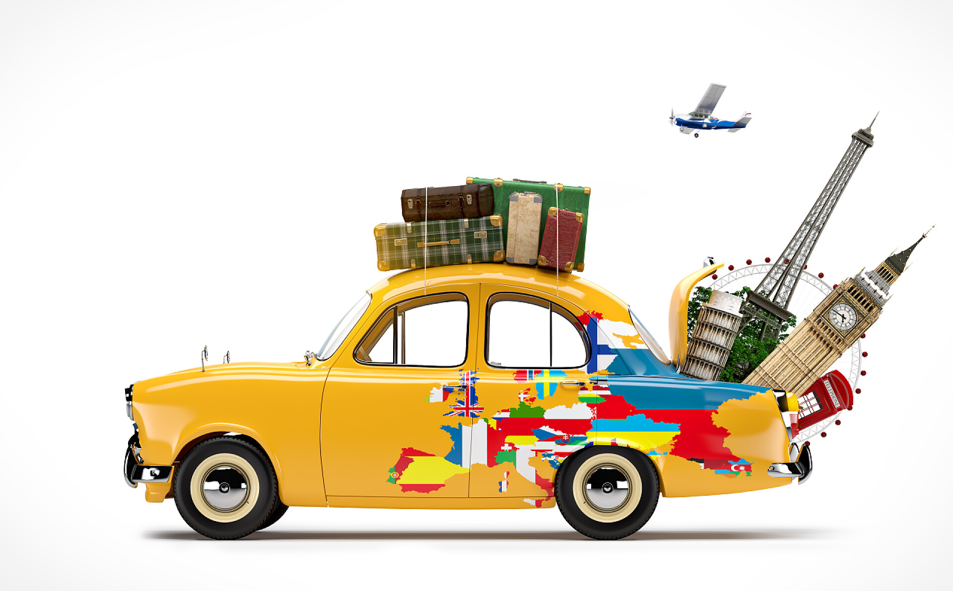 白色背景行驶的汽车旅行：