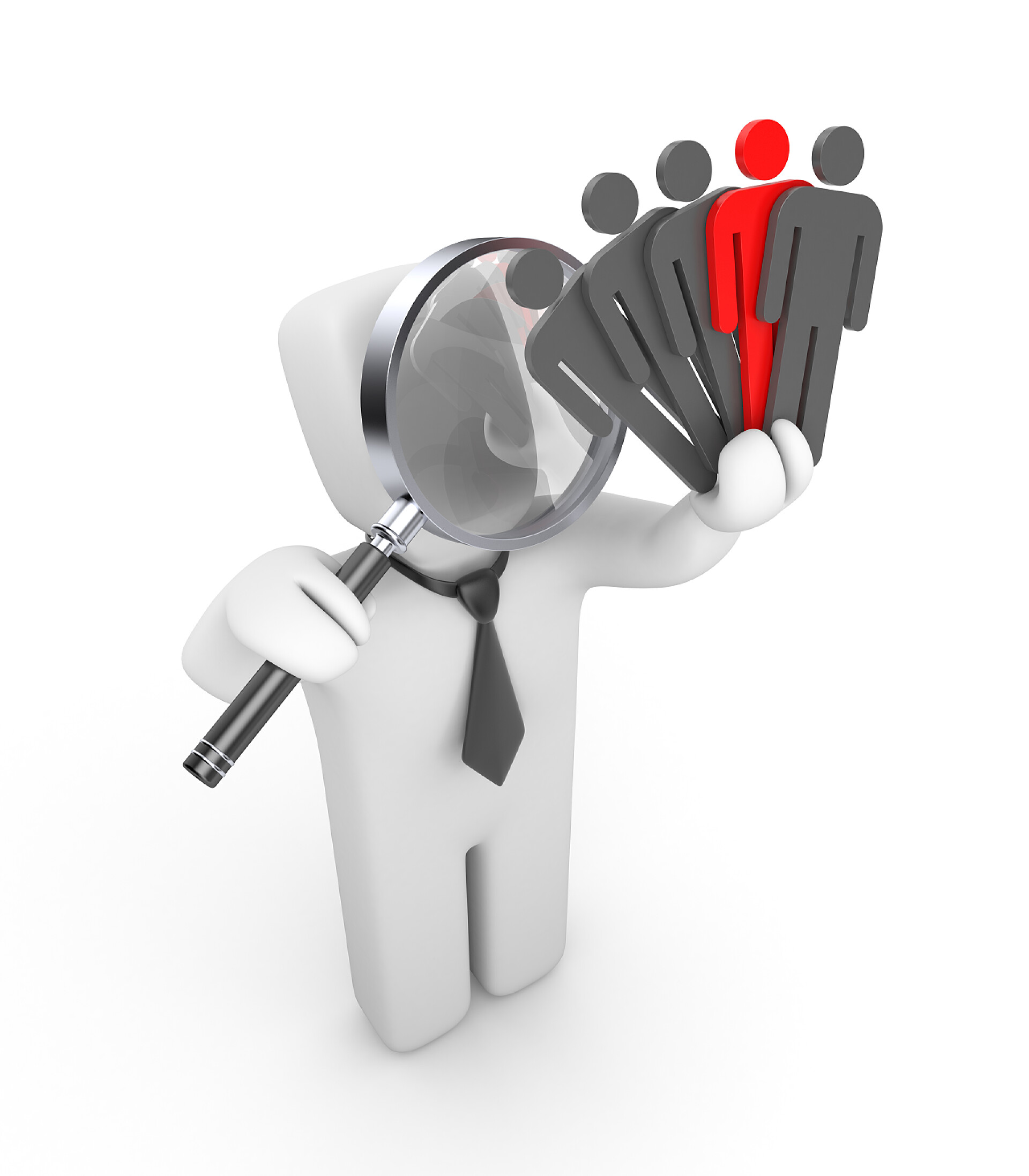 白色背景上拿放大镜的商业卡通人物选择人员