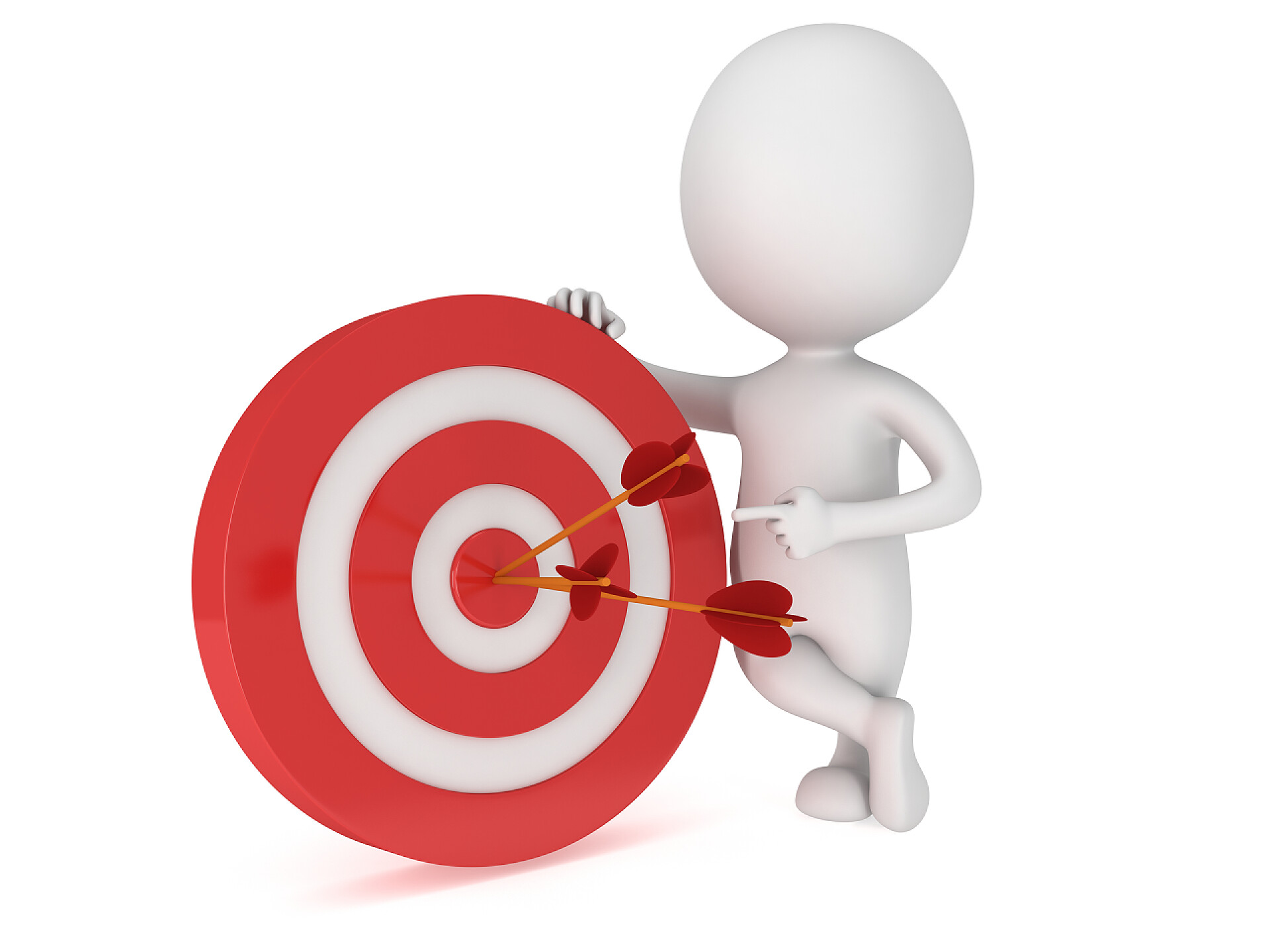 男人站在红色的目标箭头附近3d 男人与红色目标.