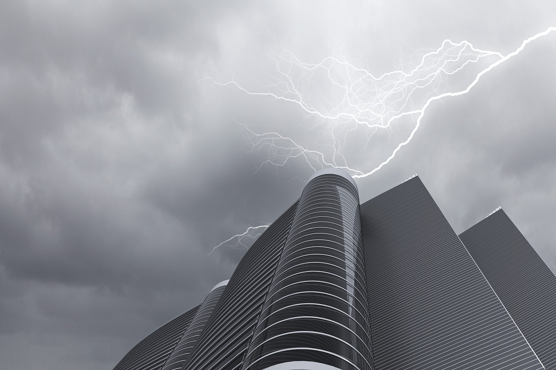 雷雨天气下的摩天大楼底部形象现代城市