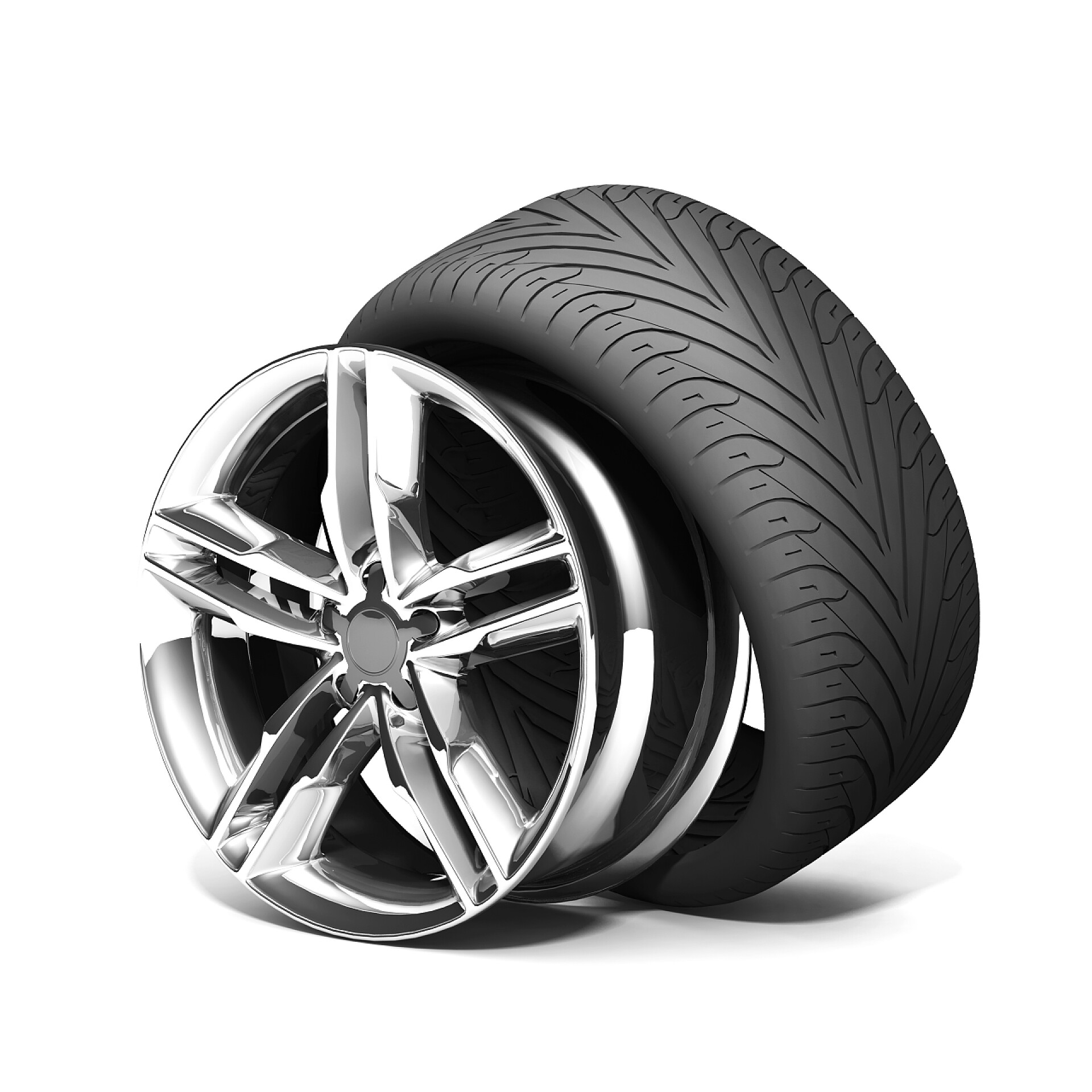 白色背景上的轮胎车轮轮辋、 刹车片、 光盘.