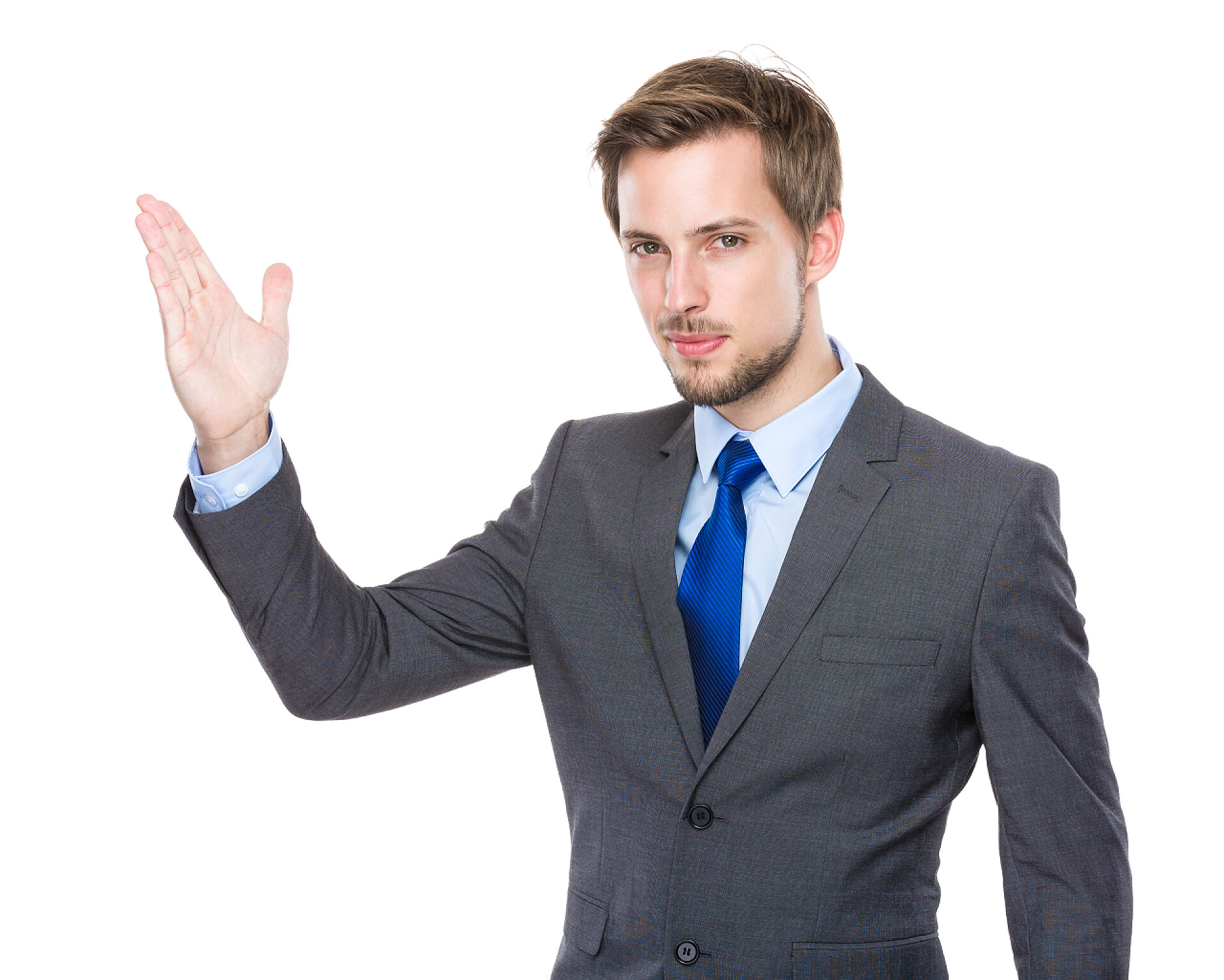 白色背景上的欧洲商人欧洲商人与手演示文稿