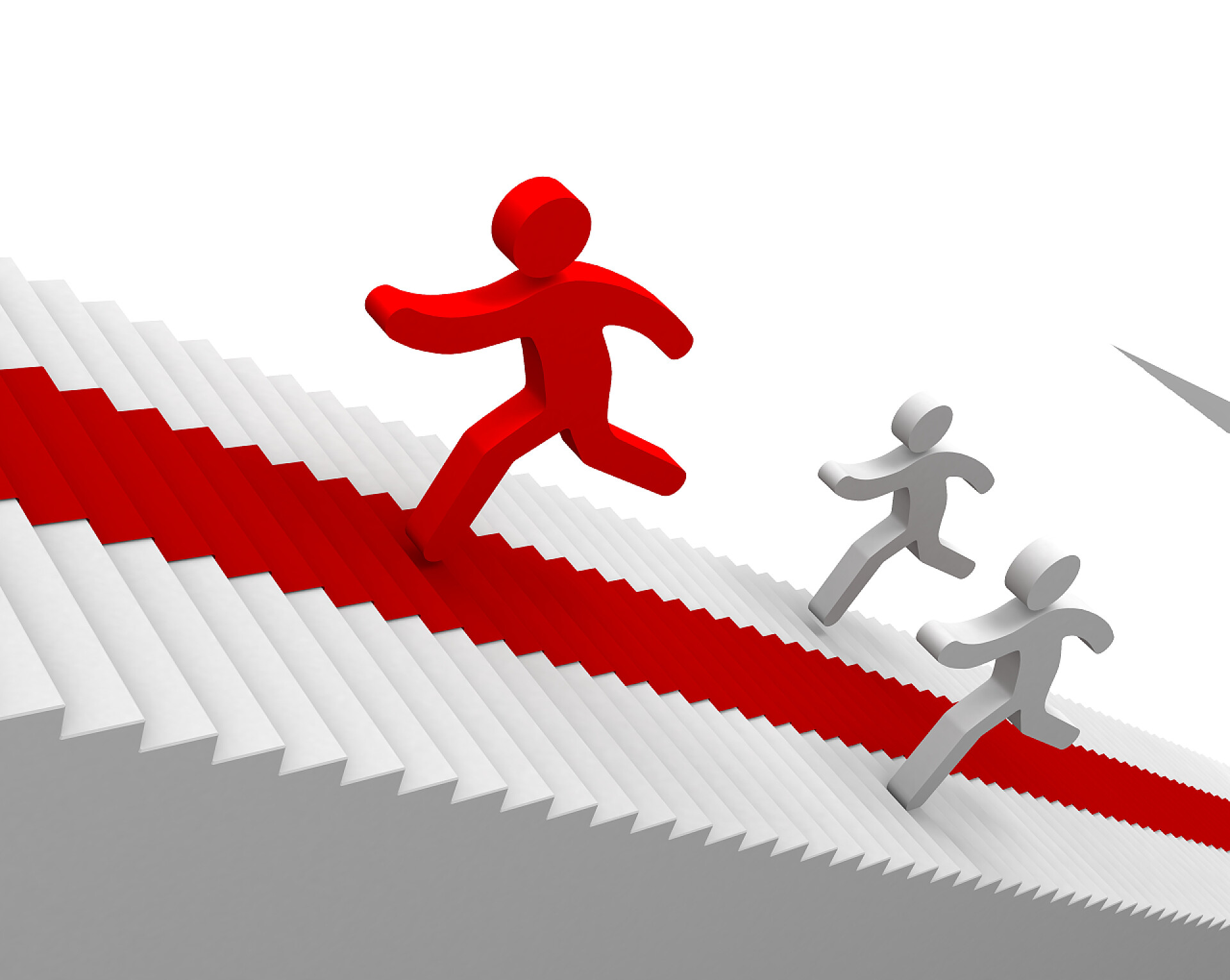 白色背景上红色和灰色小人在的楼梯上奔跑追逐竞争的领先者