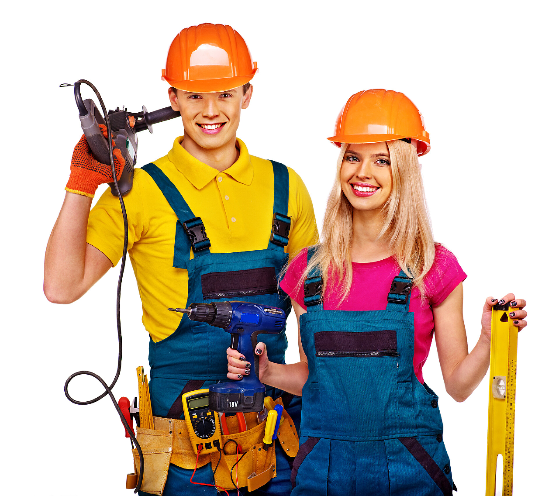 白色背景上的两个施工人员与施工工具组人生成器.