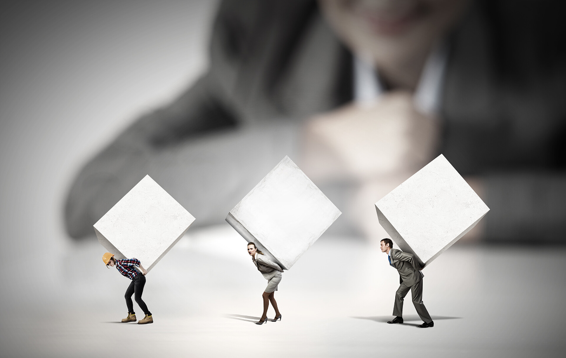 看着人们背着白色立方体的小人多维数据集的人