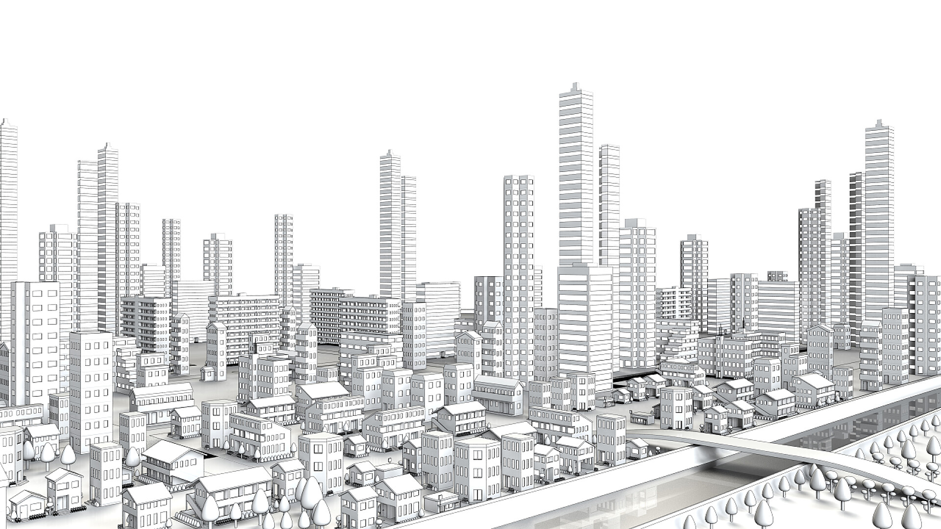 三维渲染的黑白图像线描的远处的景物的城市