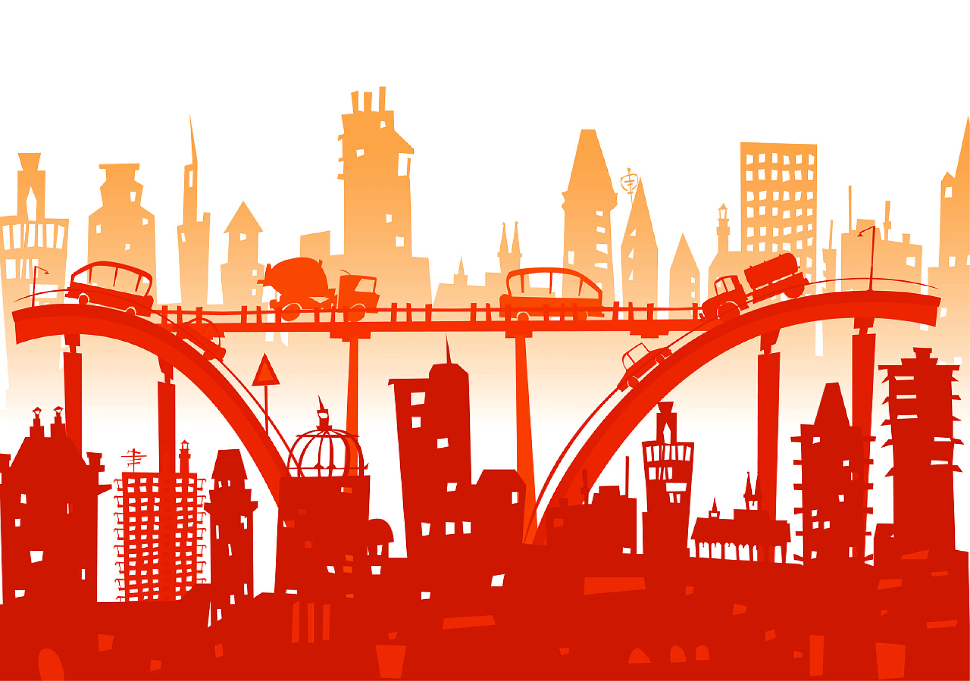 高楼大厦城市建筑剪影城市道路和高速公路与大量的流量。通勤时间图