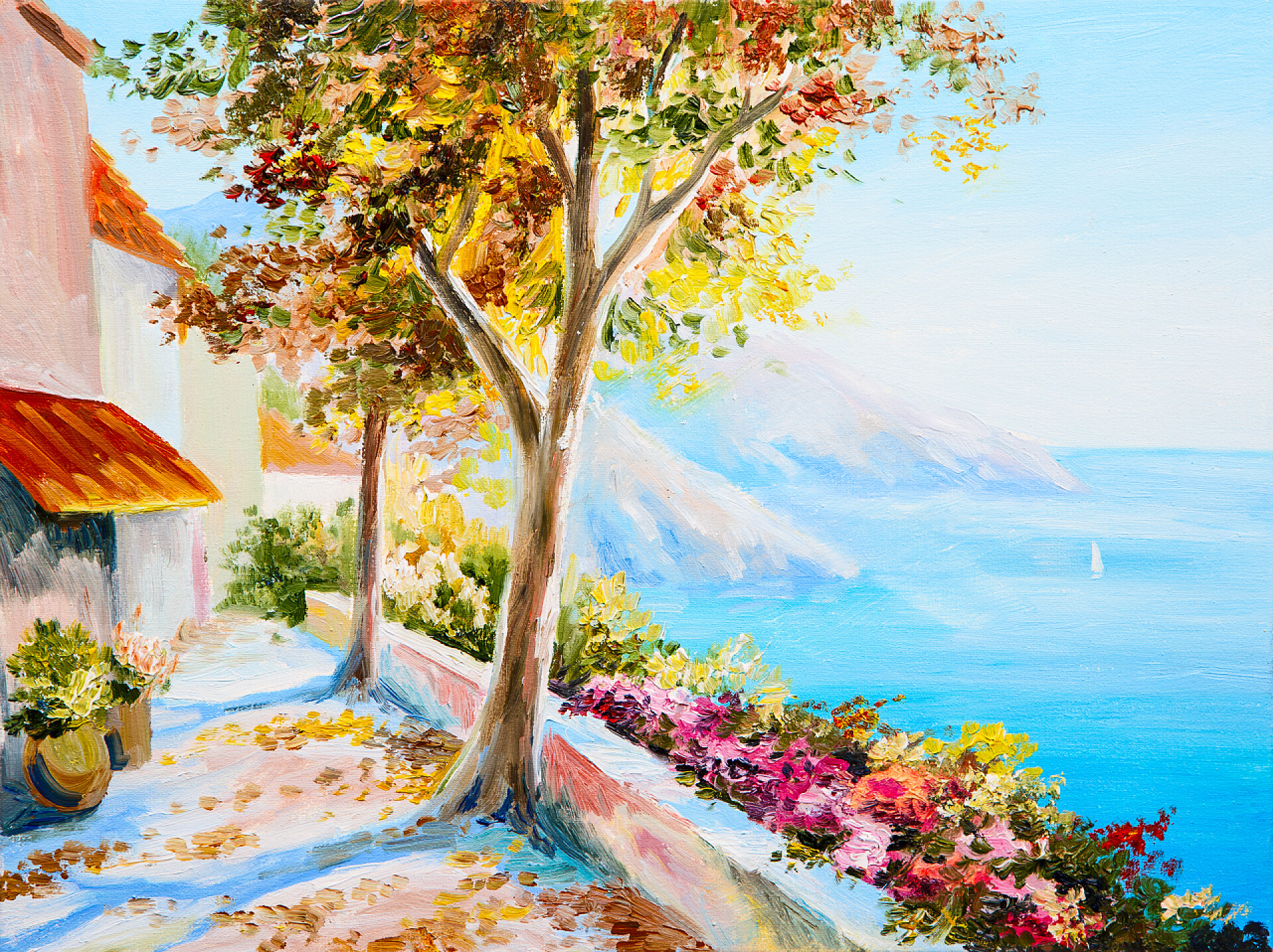 油画海边的房子