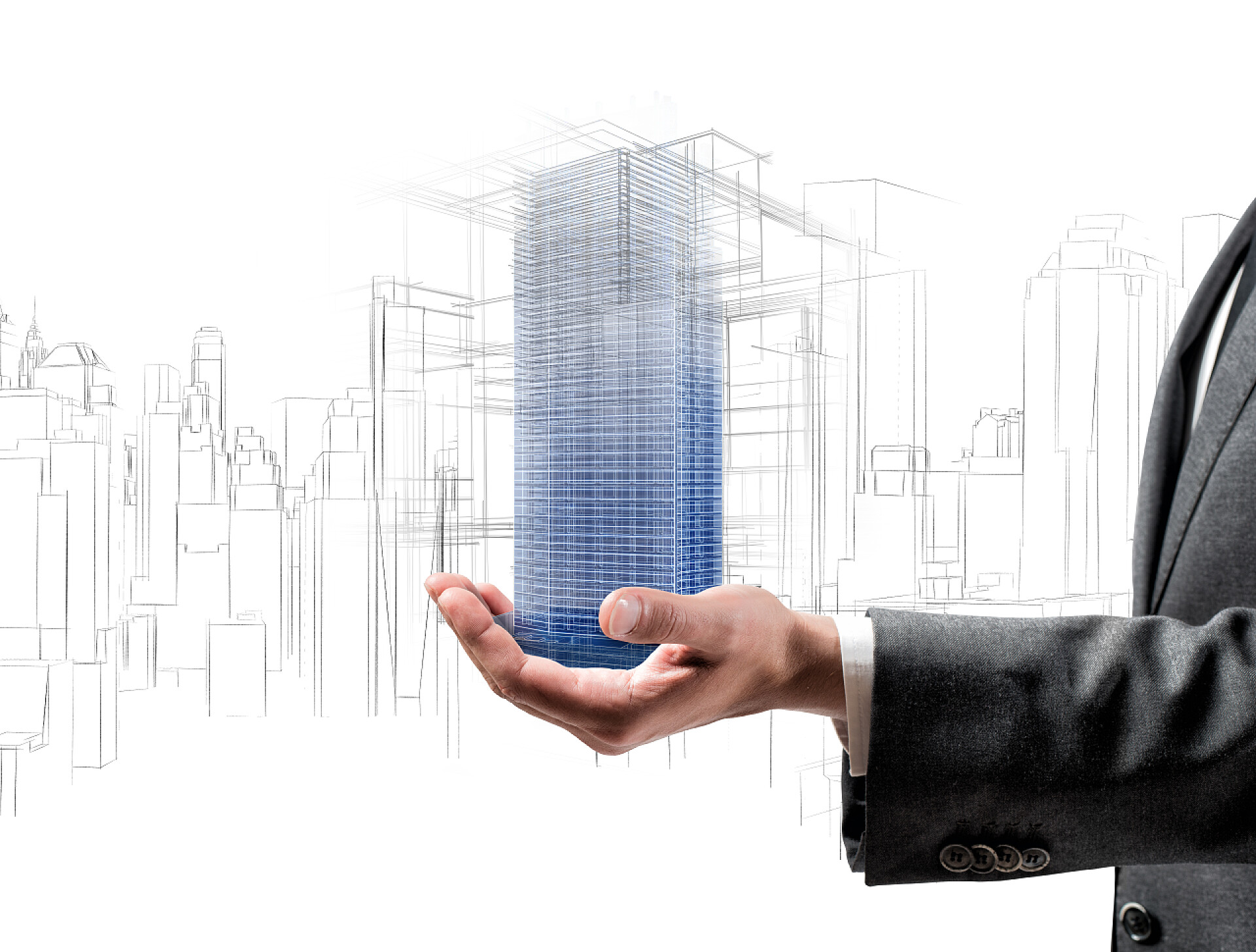 手托建筑物的工程师显示项目的建筑的建筑师