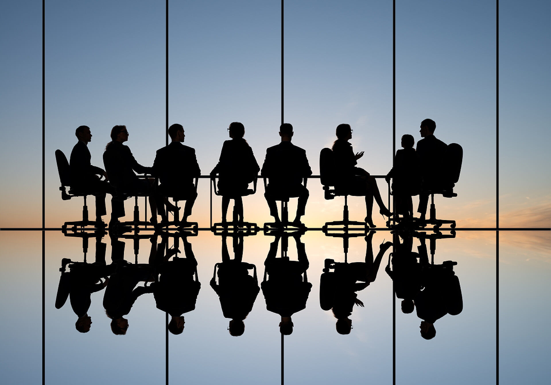 业务组在商务会议中讨论反对日落的剪影