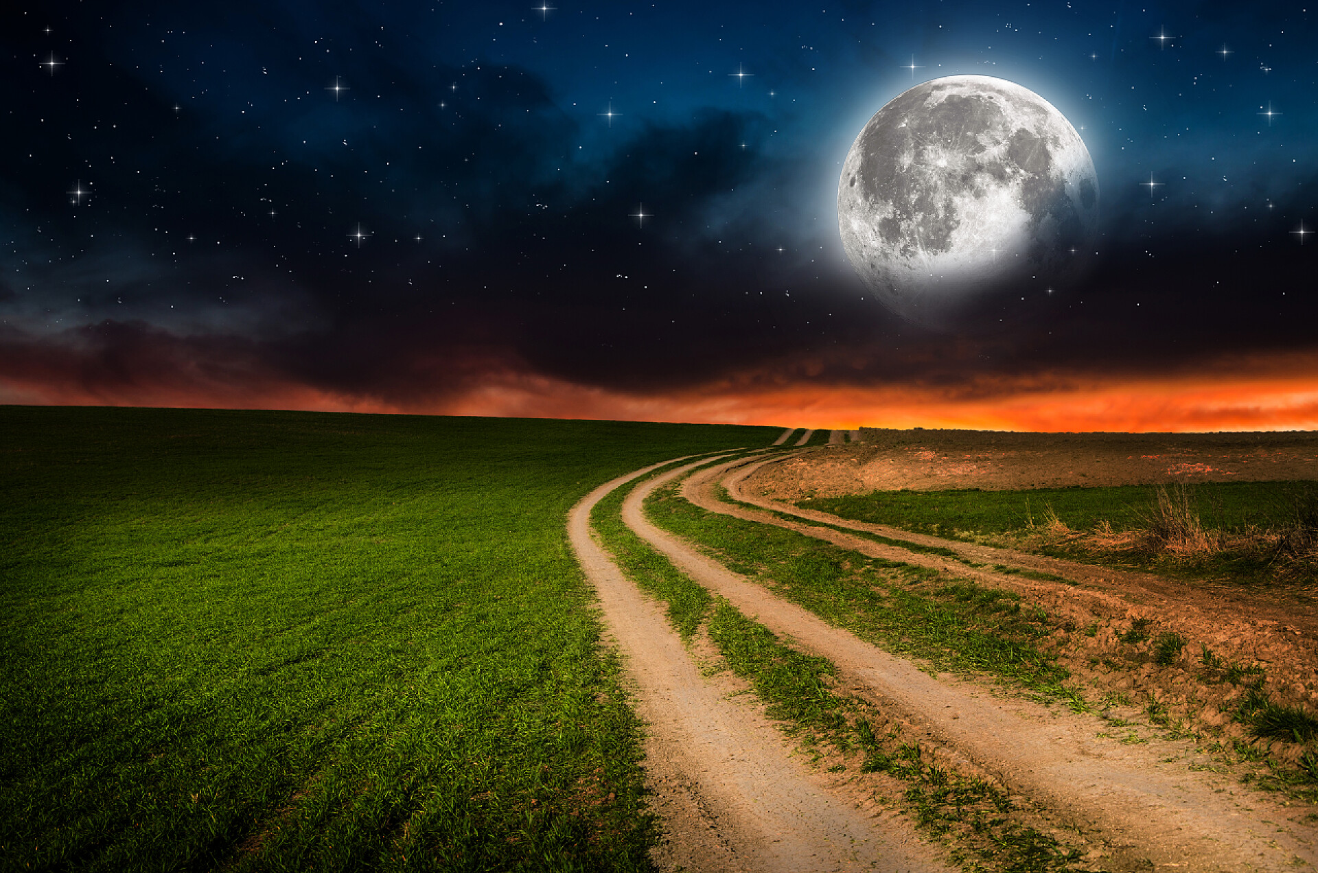 自然背景农村公路和夜空的美丽景色农村公路和夜晚的繁星中的天空