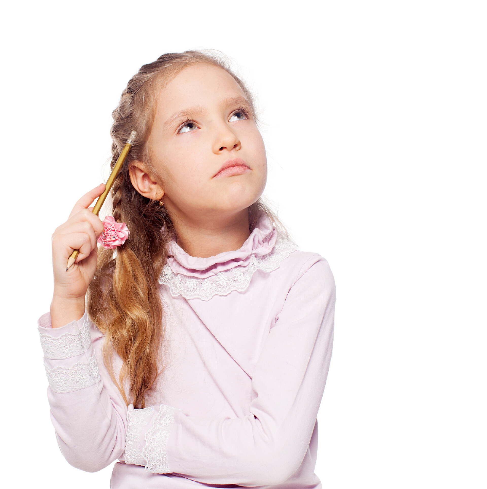 白色背景一位漂亮的女生在思考问题思维的女孩