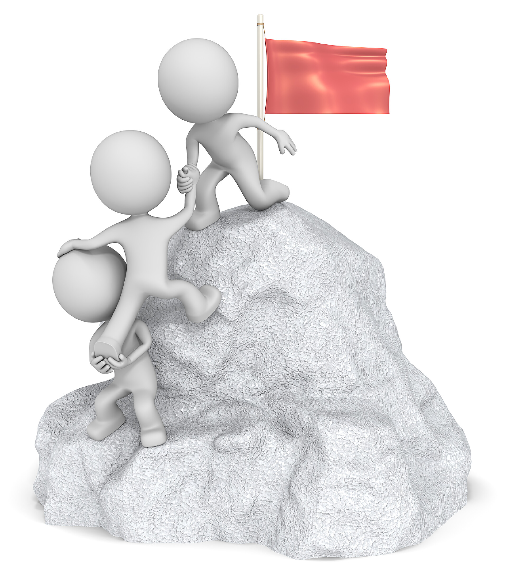 白色背景三个人在合作爬到山顶征服.