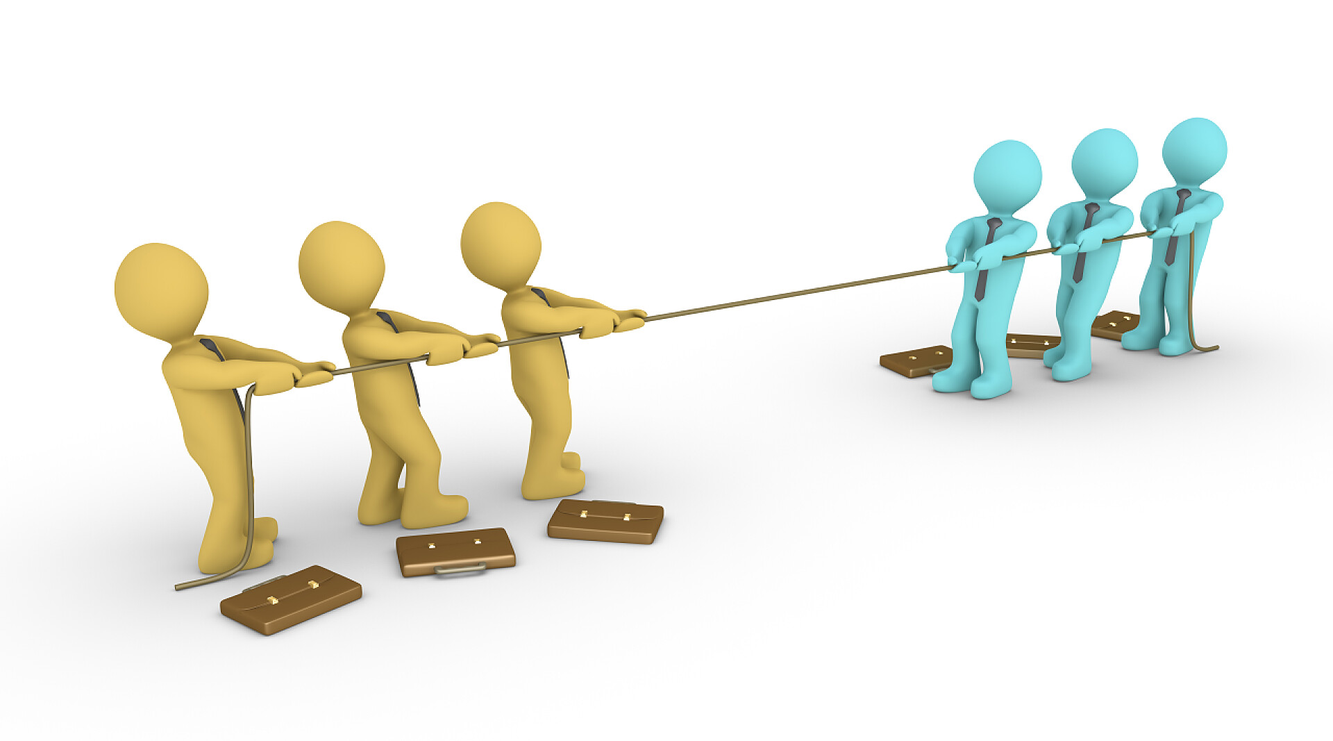 白色背景两种不同的彩色的团队正在从事一场拔河比赛两队之间的拉锯战