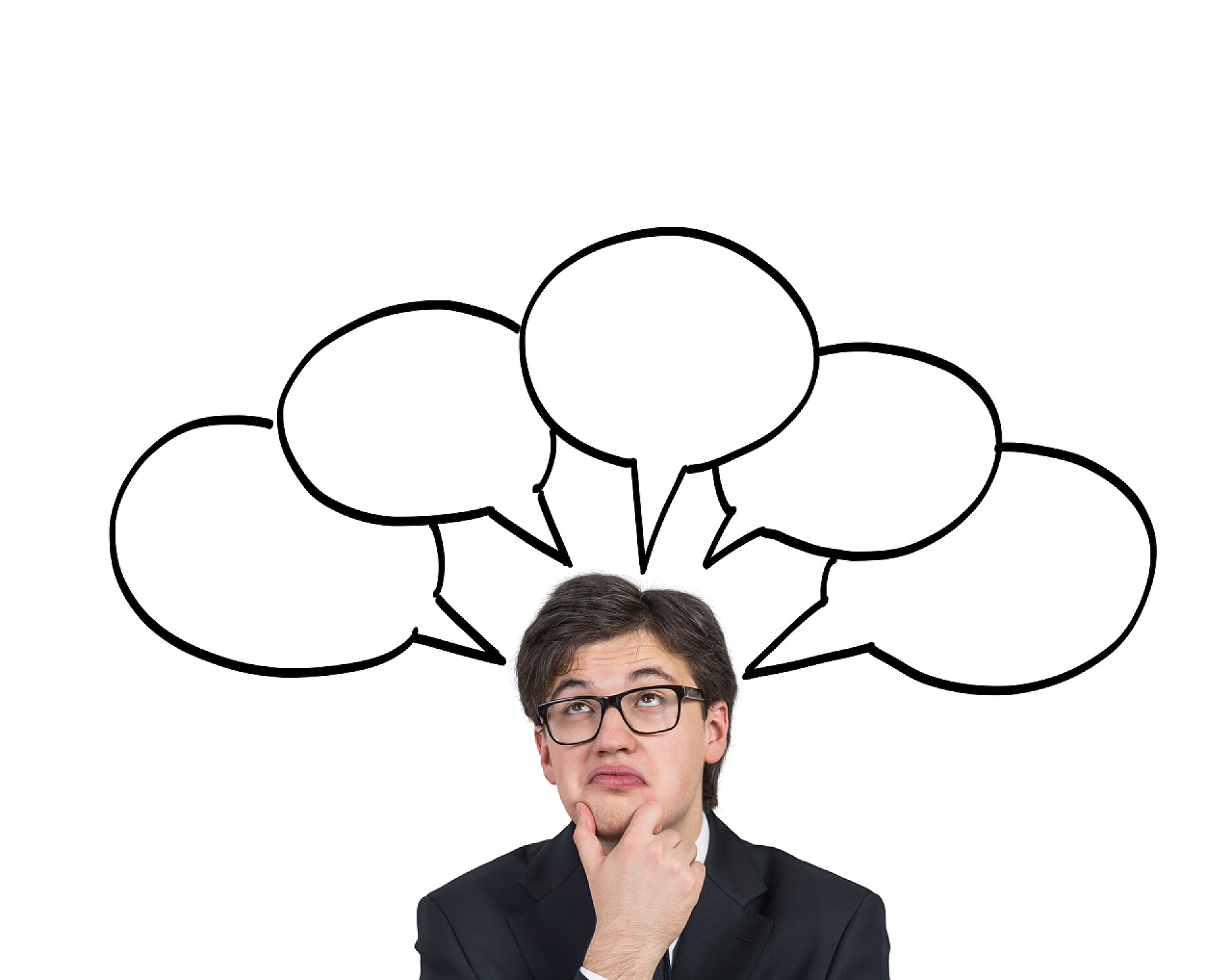 白色背景一位年轻的商人正在思考问题男人在想