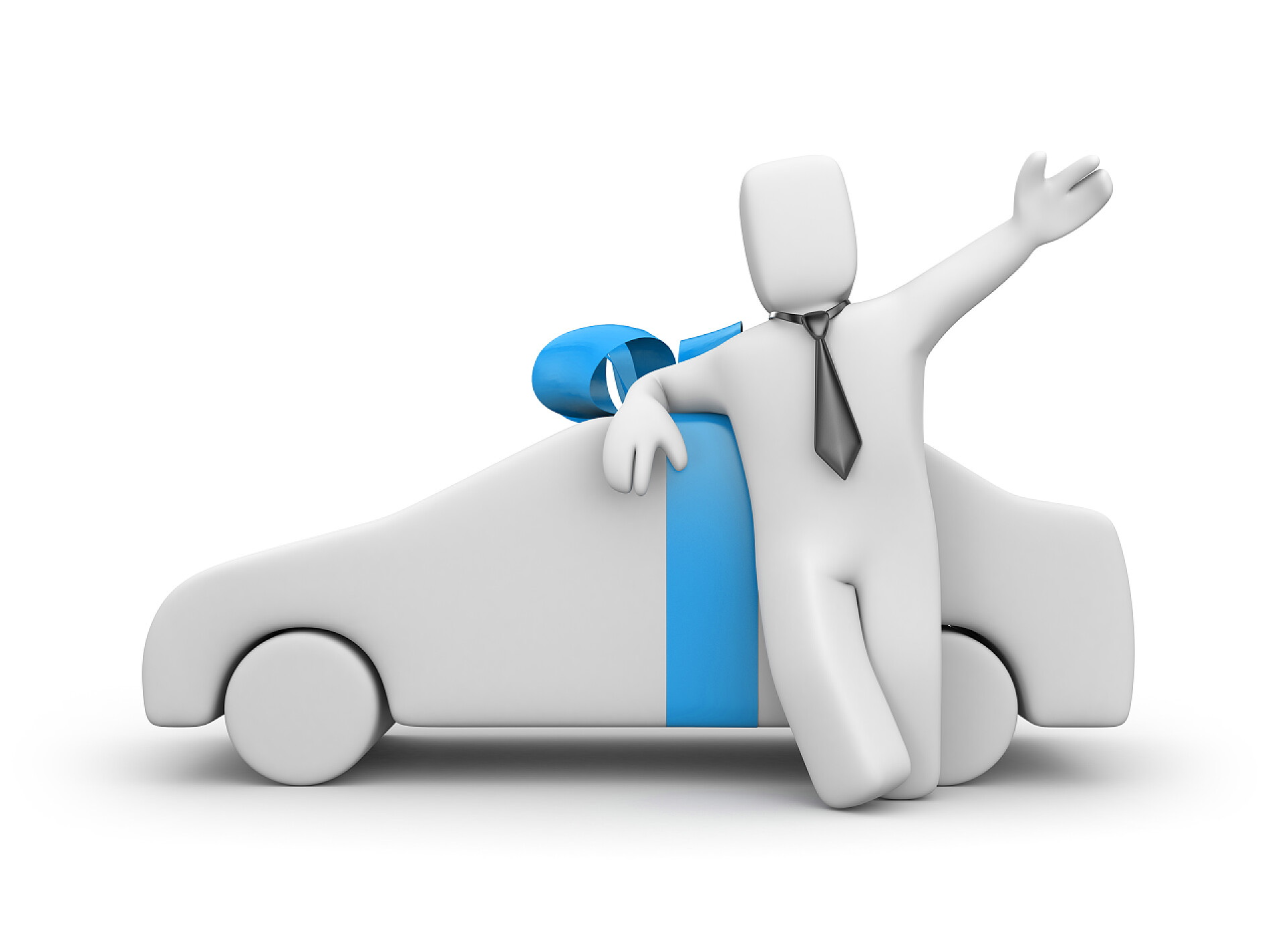 白色背景一个人靠在汽车旁边挥手打招呼与汽车的 3d 角色