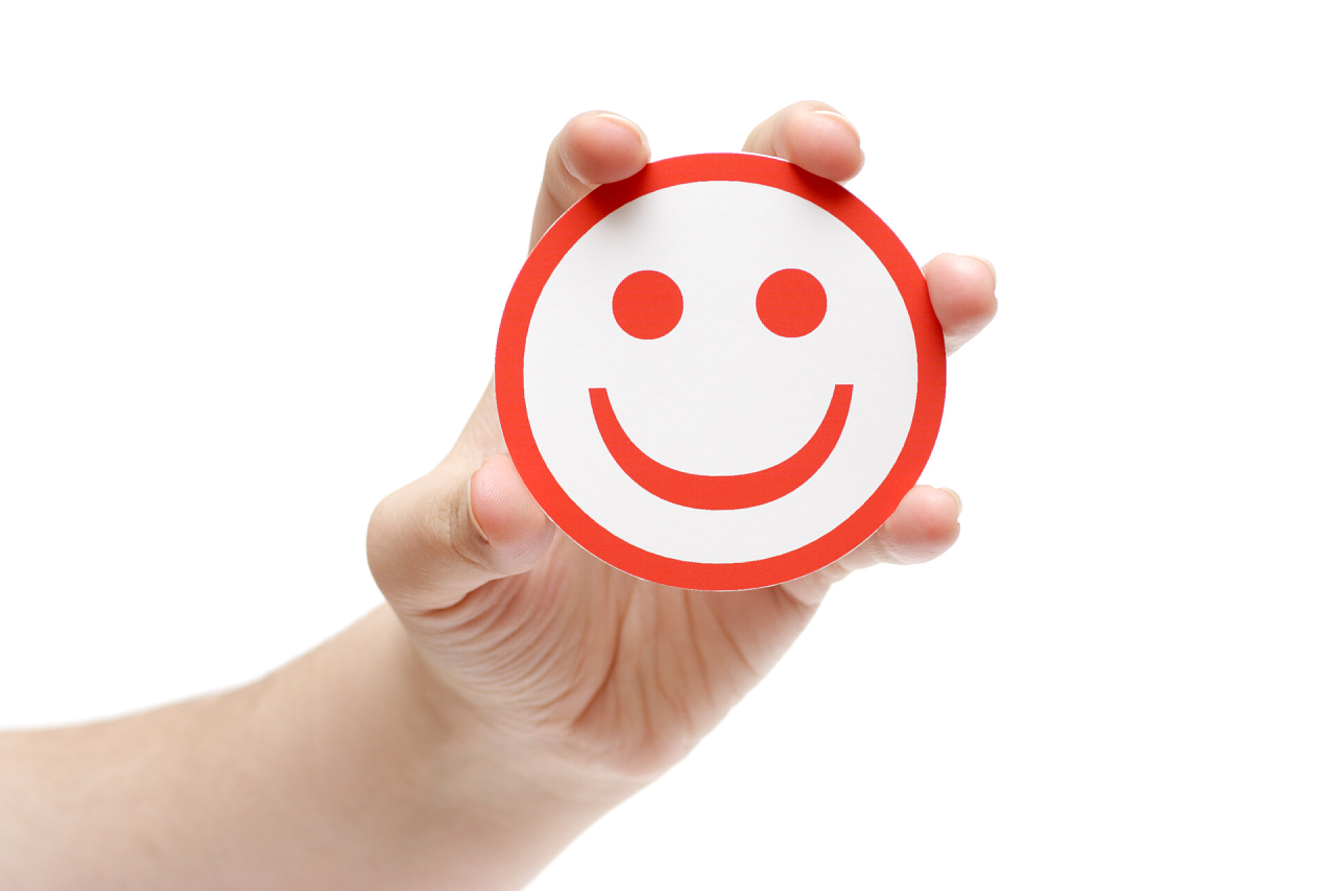 白色背景一个女人的手 拿着微笑表情开心点!