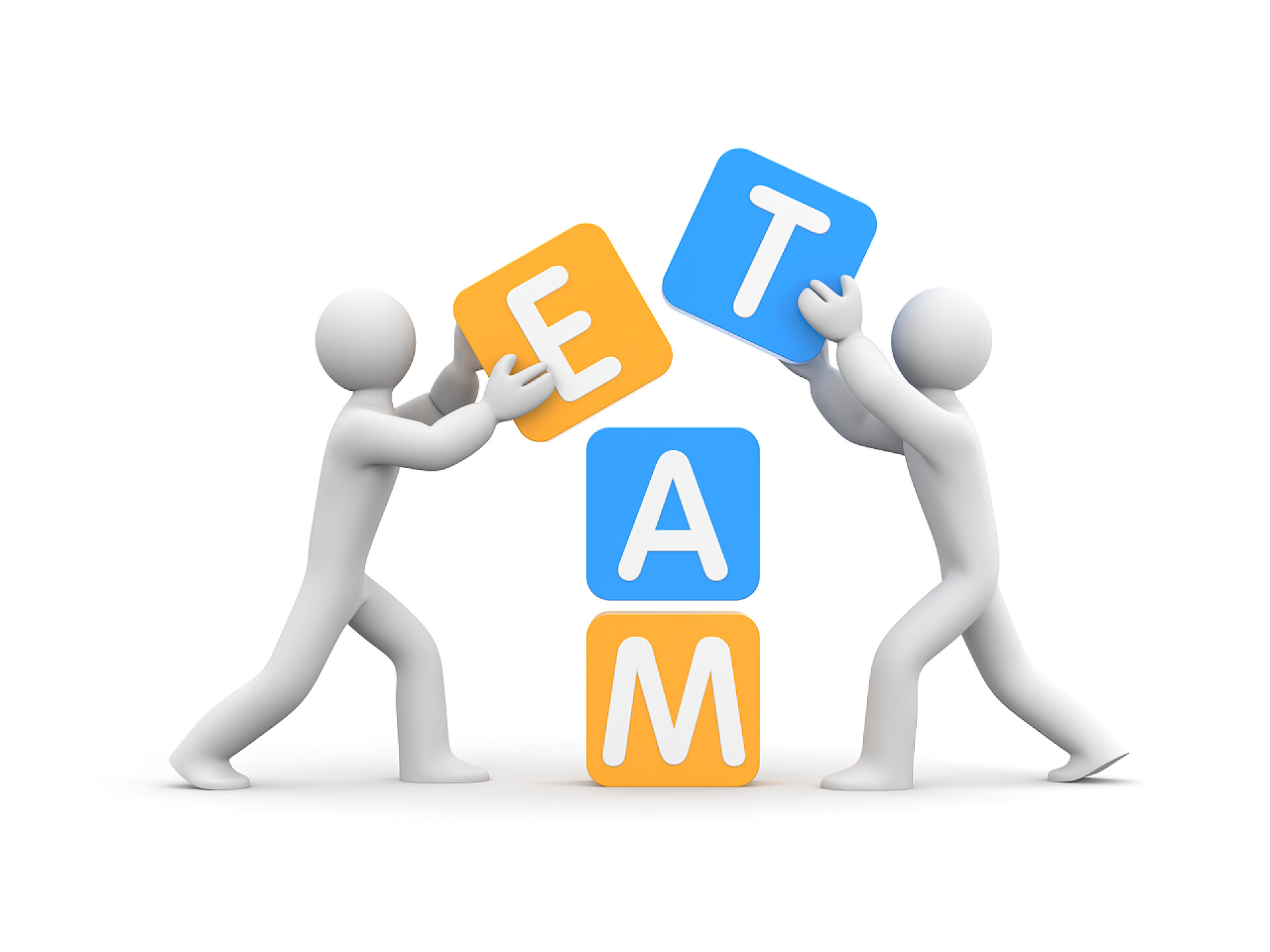 白色背景两个伙伴在合作搭方块伙伴关系和团队合作的概念.