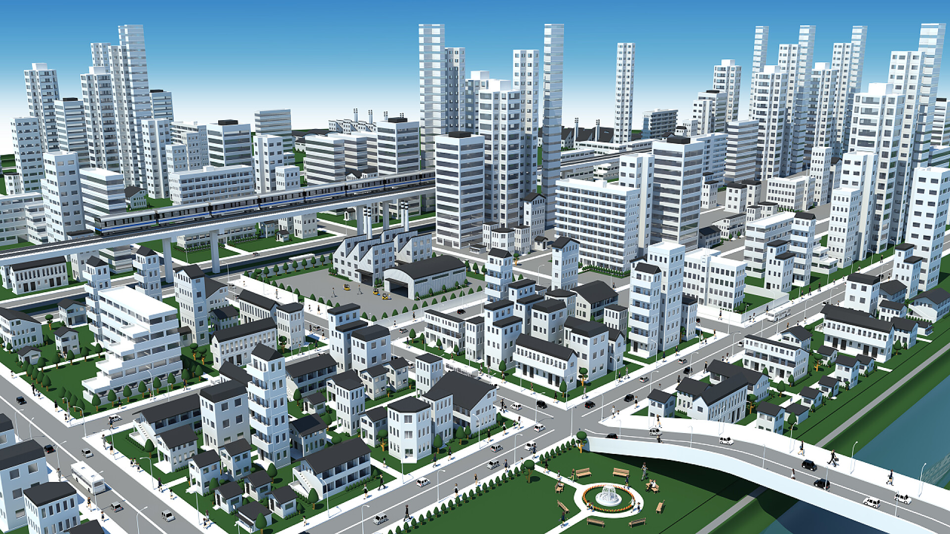 三维渲染城市的图像3d cg 城市形象的鸟瞰查看