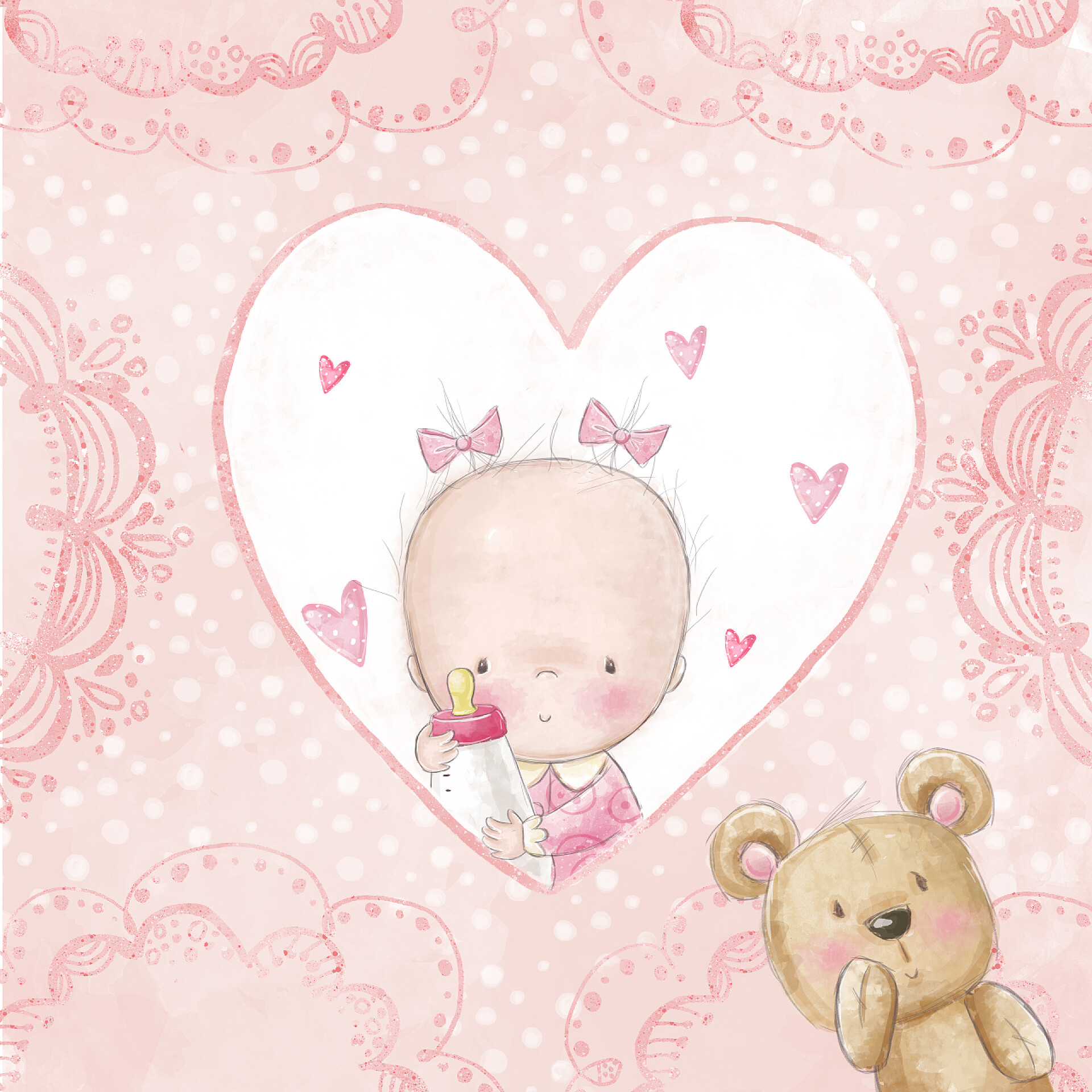 婴儿女孩淋浴贺卡婴儿淋浴贺卡。泰迪，孩子们的爱背景的小女孩.