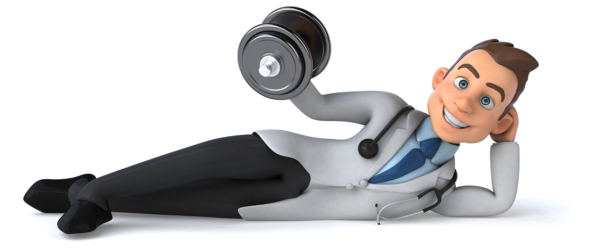 白色背景一位卡通医生举着哑铃有趣的漫画的医生