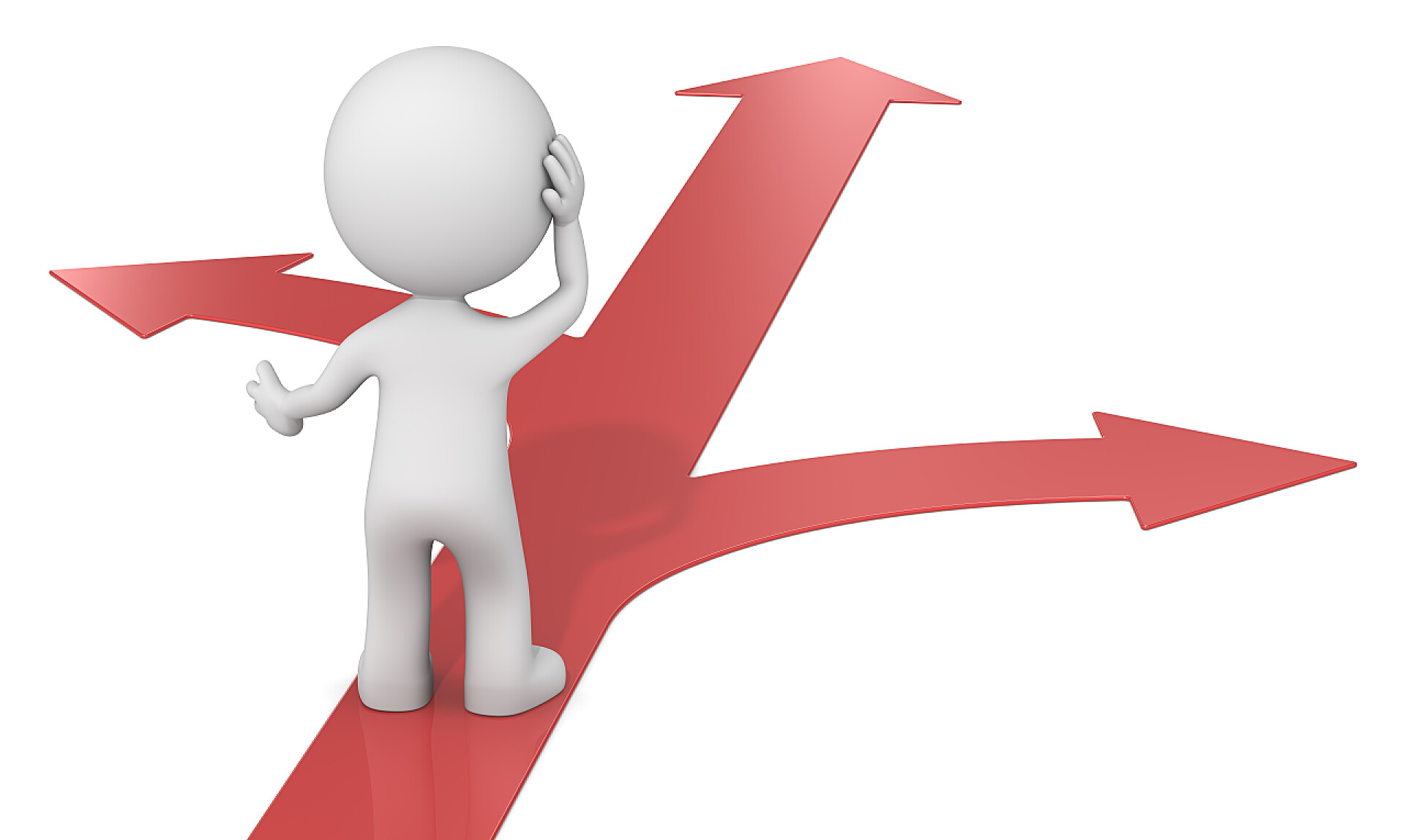 白色背景一个人不知道如何选择道路选择.