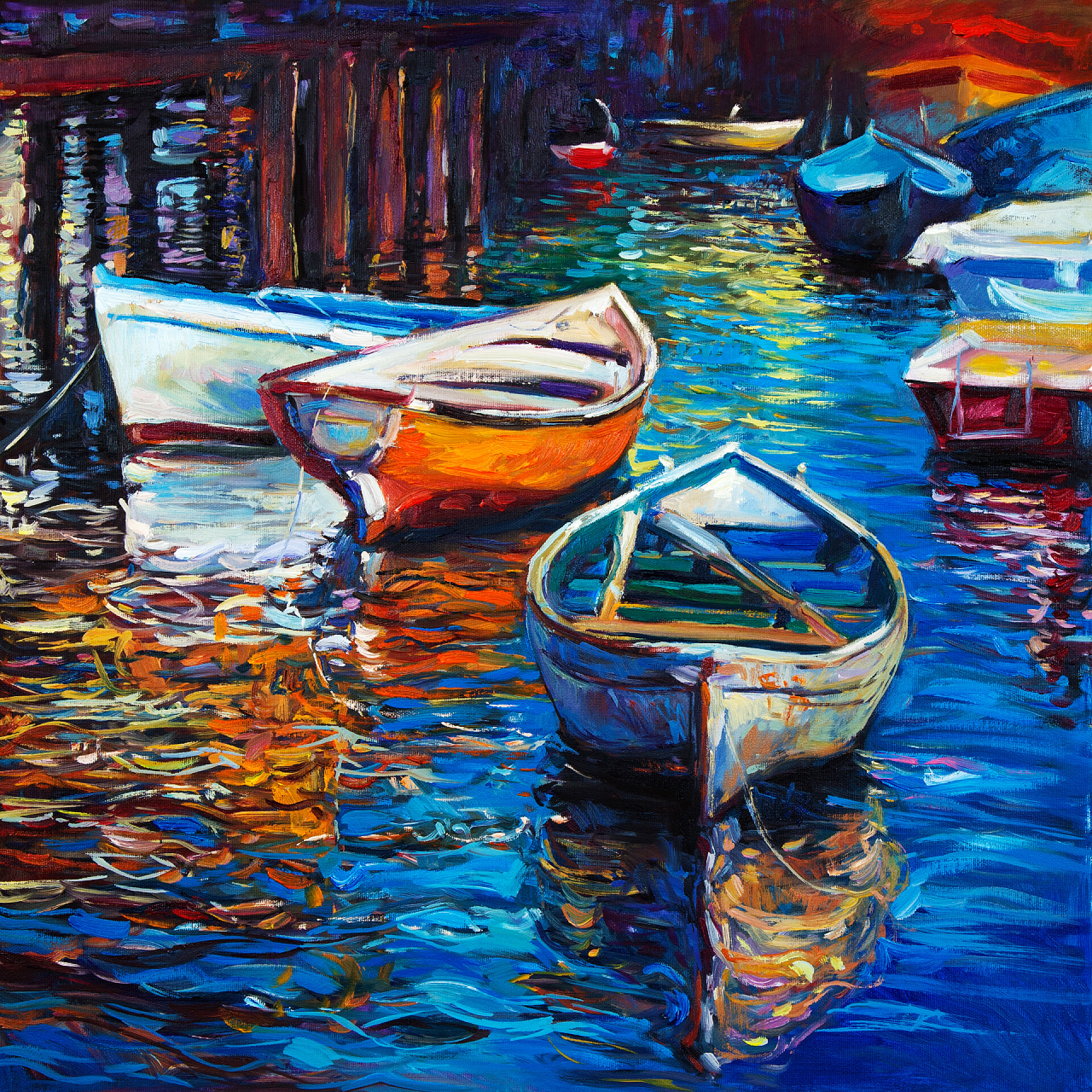 在河流上有多艘船只的油画船