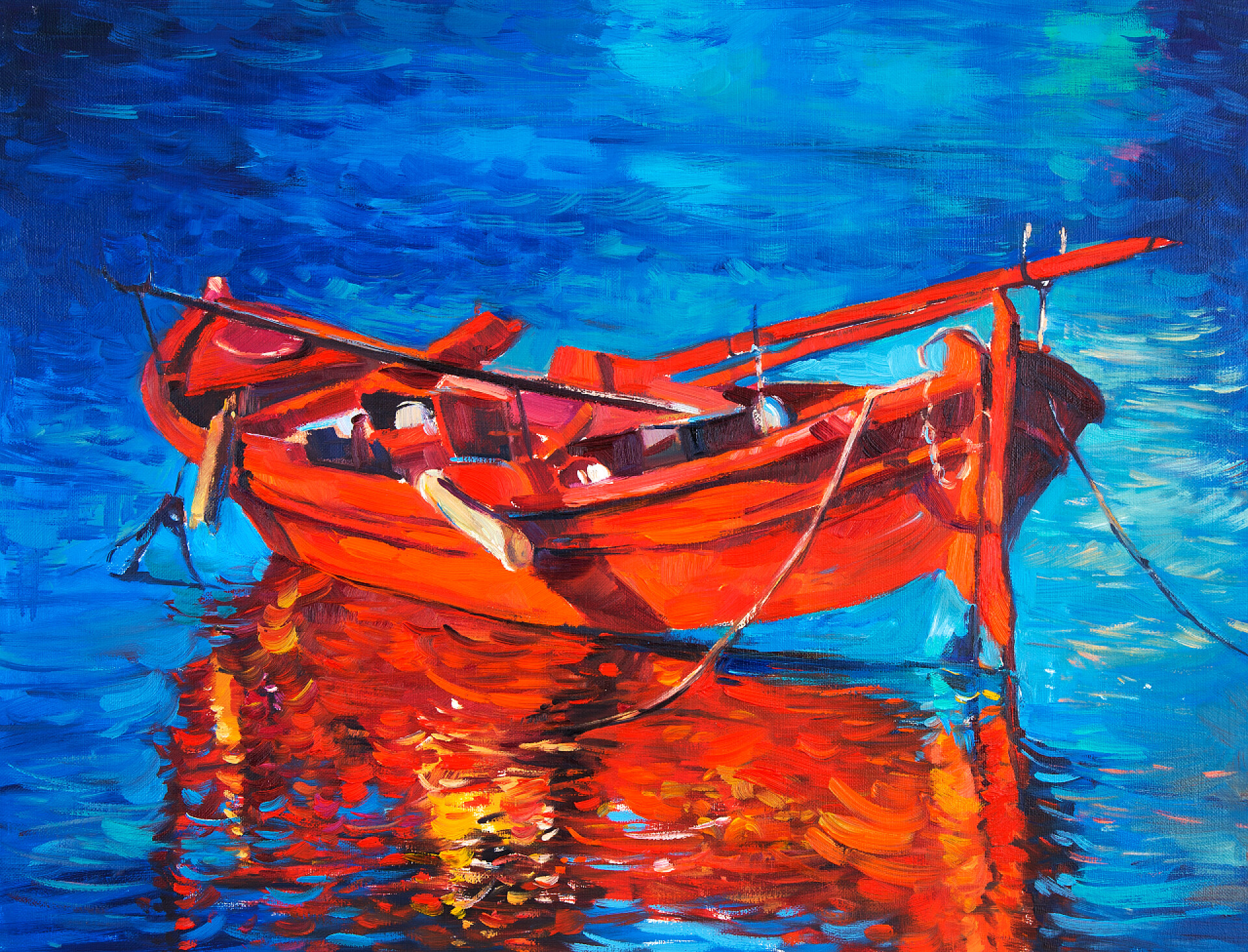 在海上有一艘船只的油画船