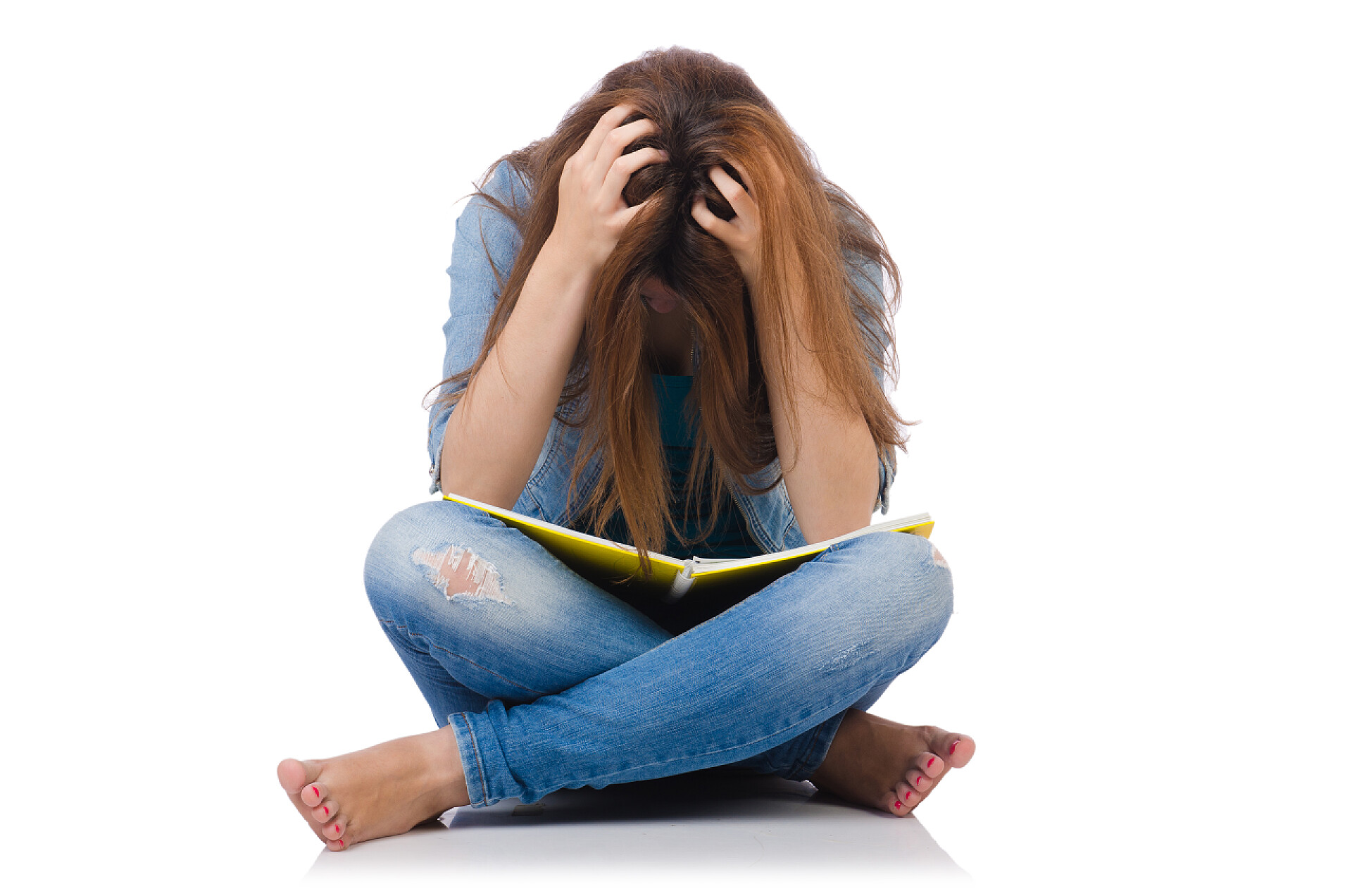 白色隔离下的苦恼的女学生女学生用书上白色隔离