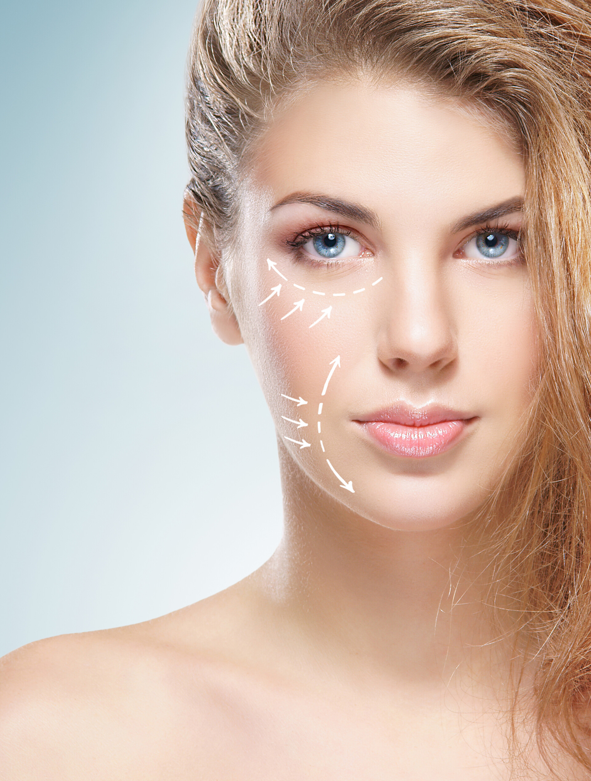 年轻女人和脸上的箭头健康的女人，用箭头