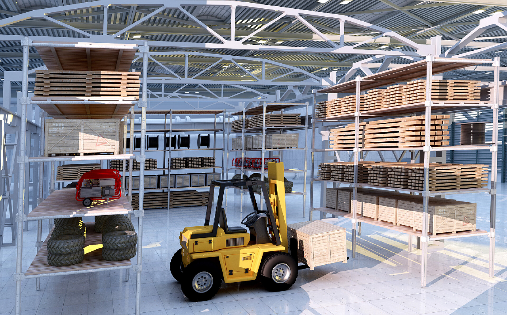 材料库房内的叉车叉车 