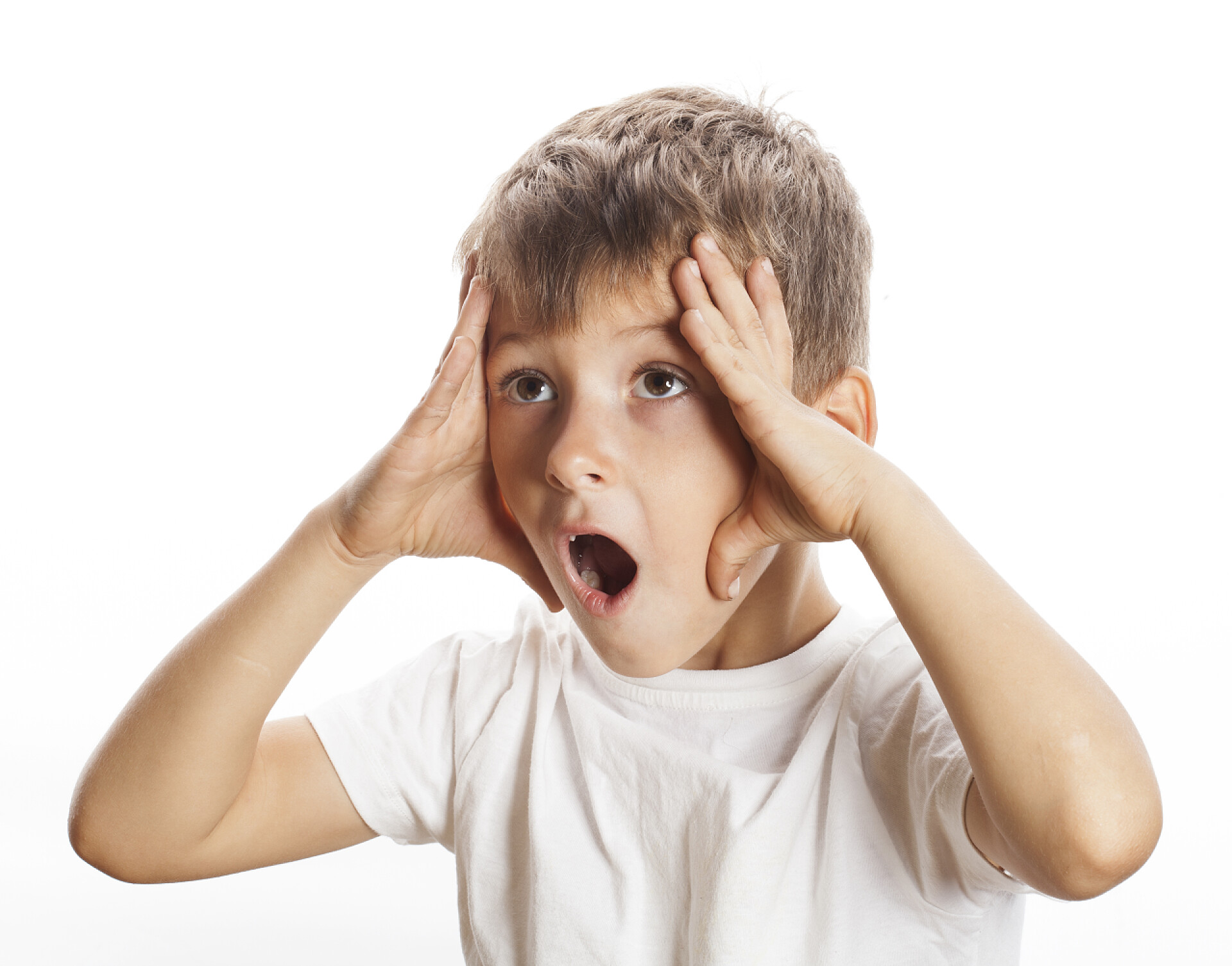 白色背景下男孩做着不知所措的手势年轻漂亮的男孩想知道孤立的人脸的姿态