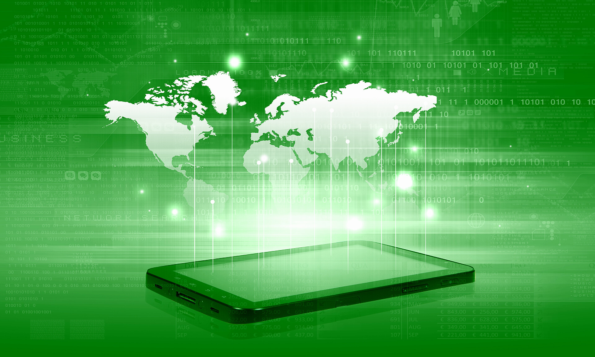 绿色地球背景上的一部移动电话手机连接