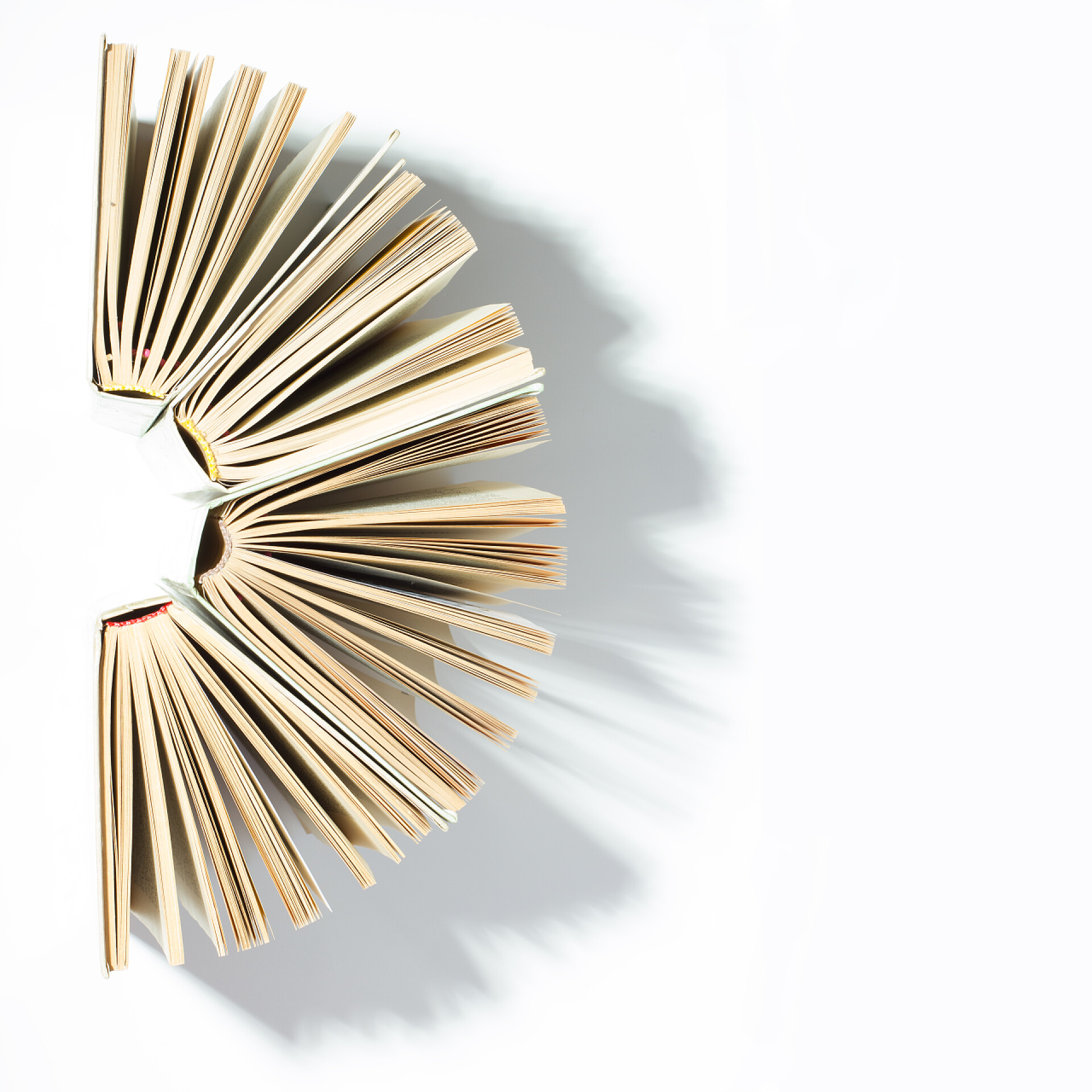 顶视图的一圈彩色的精装书顶视图的一圈彩色精装书。打开的书，扇形页。回到学校复制空间。教育背景.