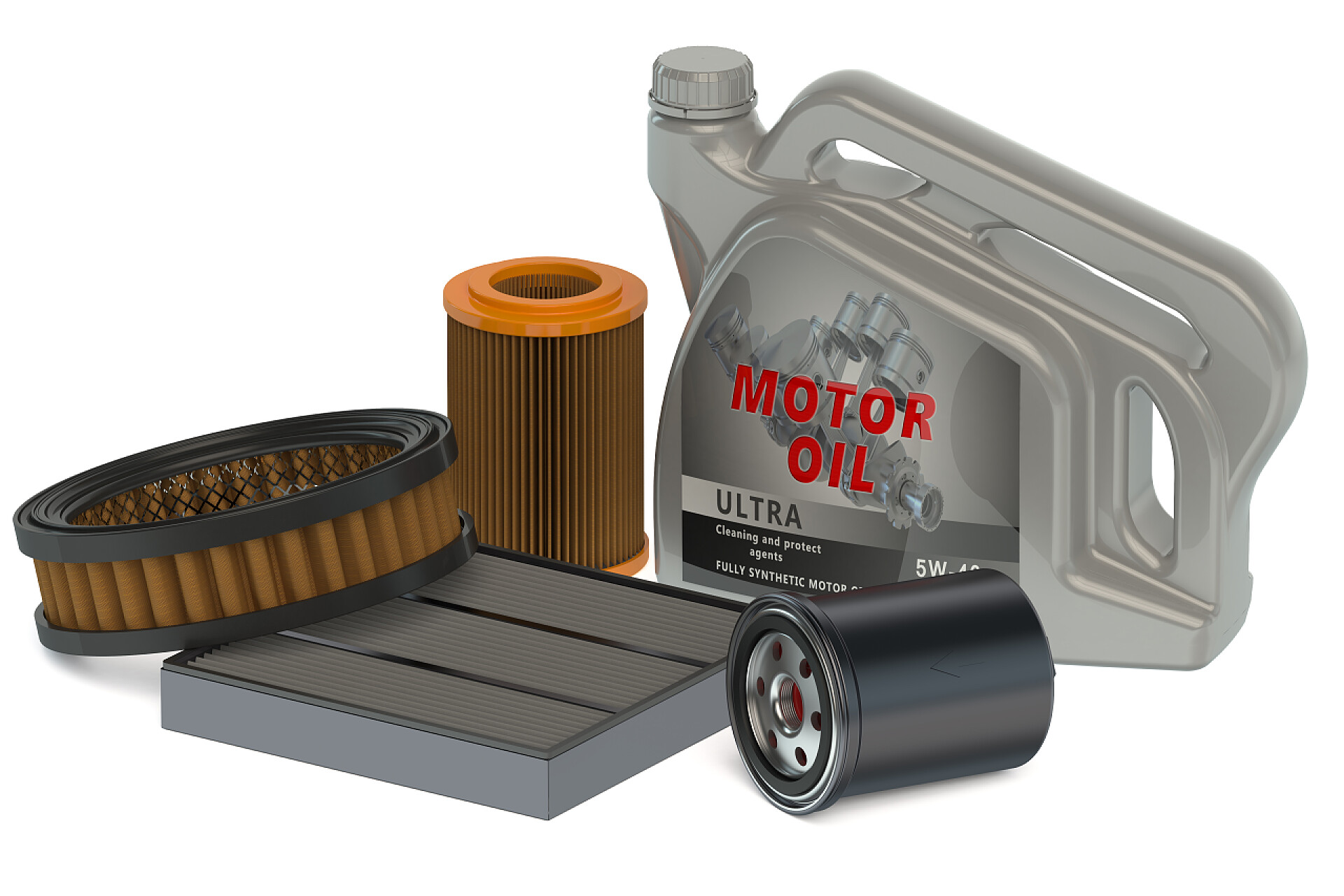 在白色背景的汽车机油滤清器和一桶机油汽车机油滤清器和机油可以